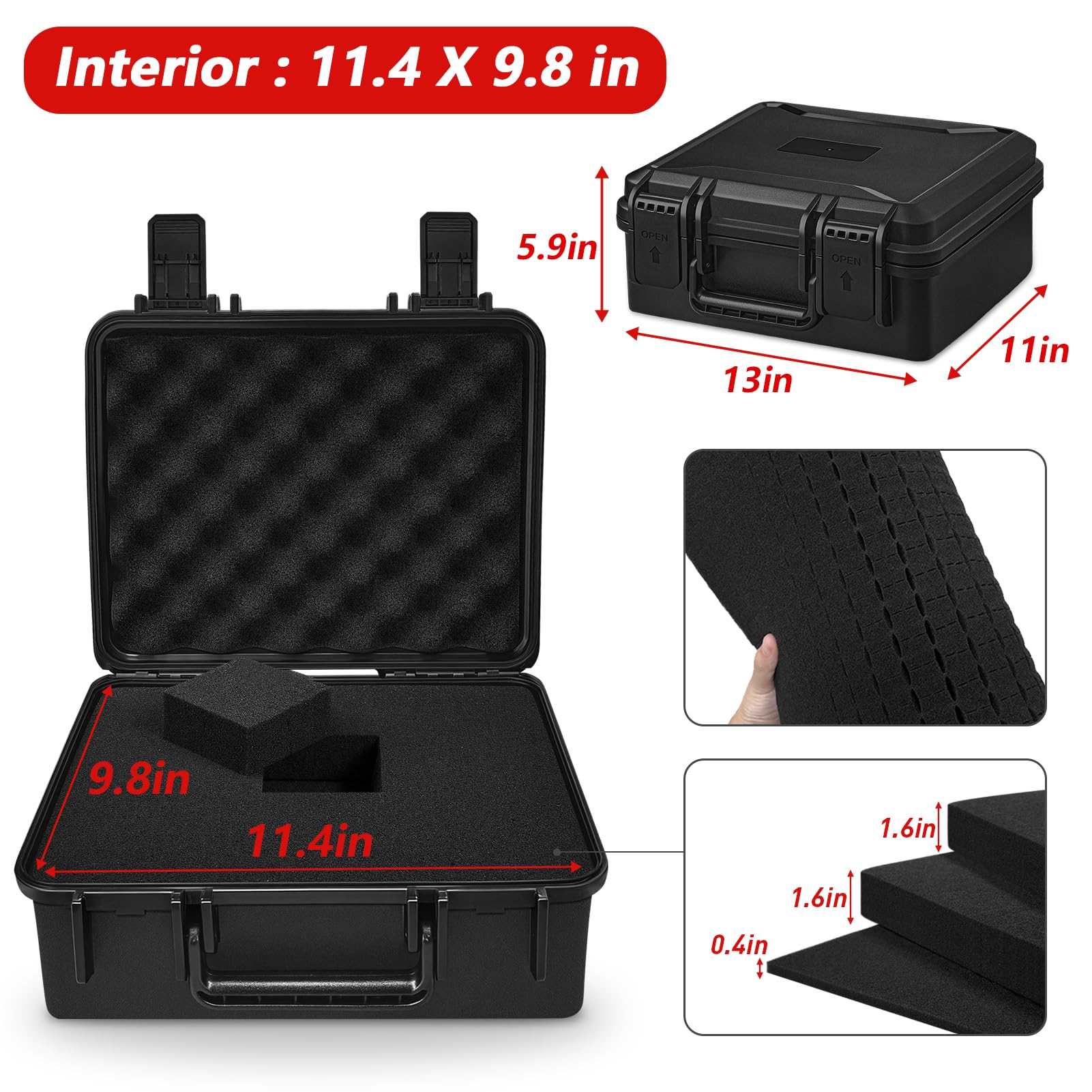 ICIMBI Funda rígida impermeable de 11 x 9 x 5 pulgadas con interior de espuma personalizable para instrumentos de prueba, cámaras compactas y herramientas