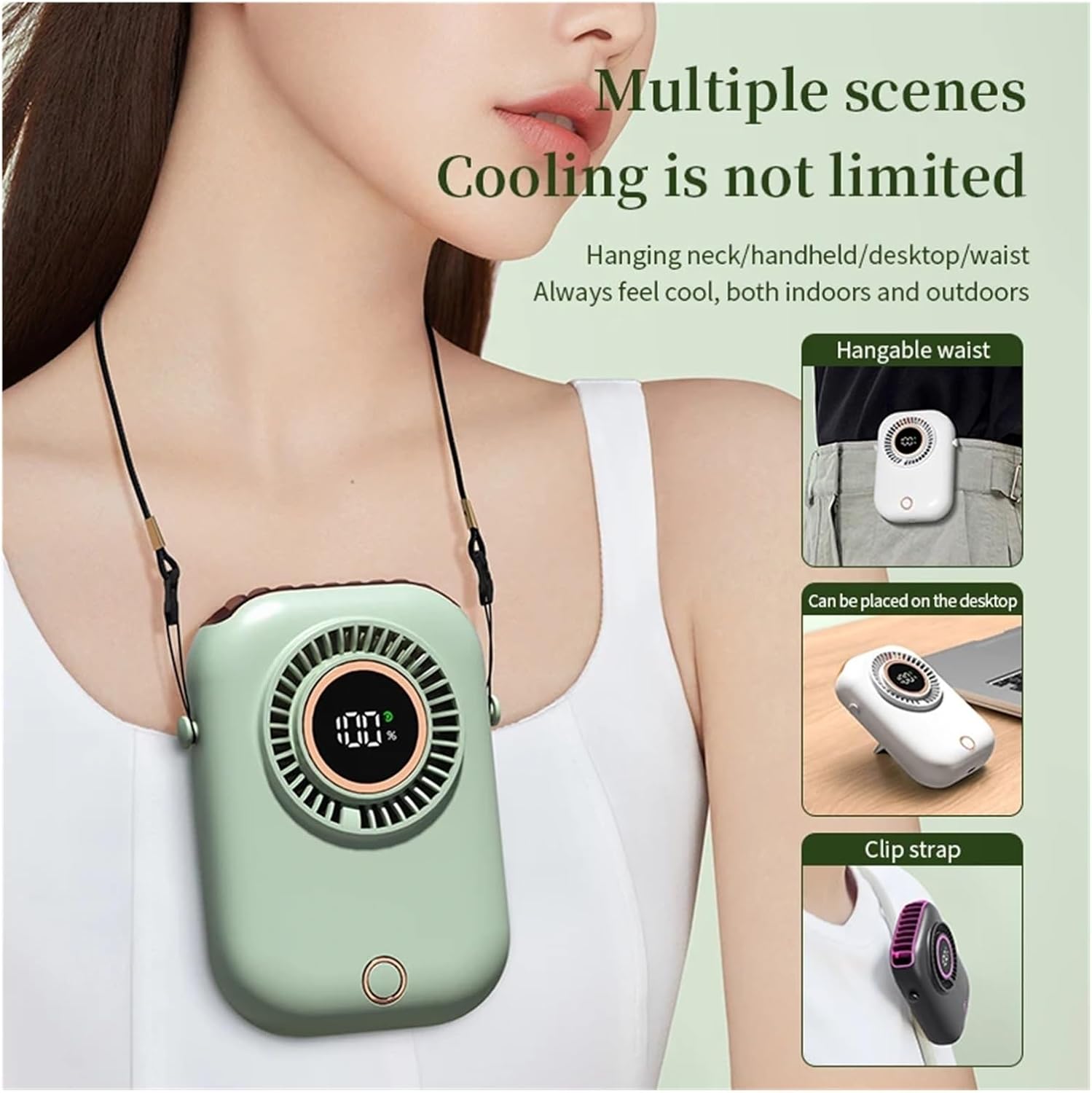 7 Colour Hang Neck Fan Portable Lights Intelligent Digital Display Colorful Atmosphere Five Gears Is Adjustable(Pearl White)