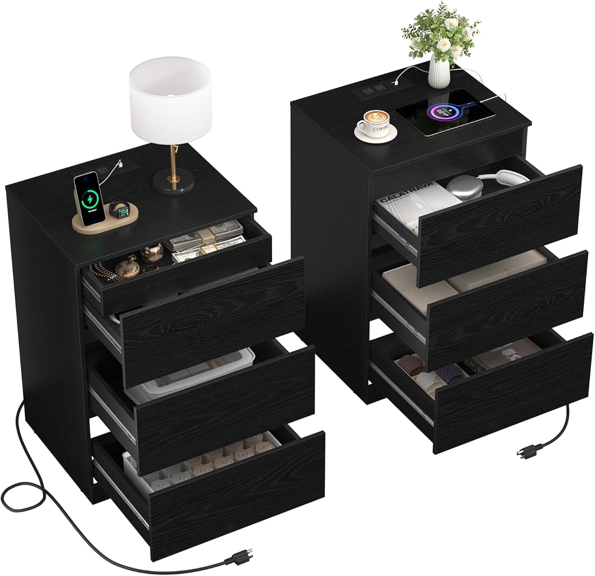 Nightstand Set of 2, 26" H with Hidden Drawer, Bedside Table with Charging Station, 4 Drawers, Modern Night Stand for Bedroom, Black