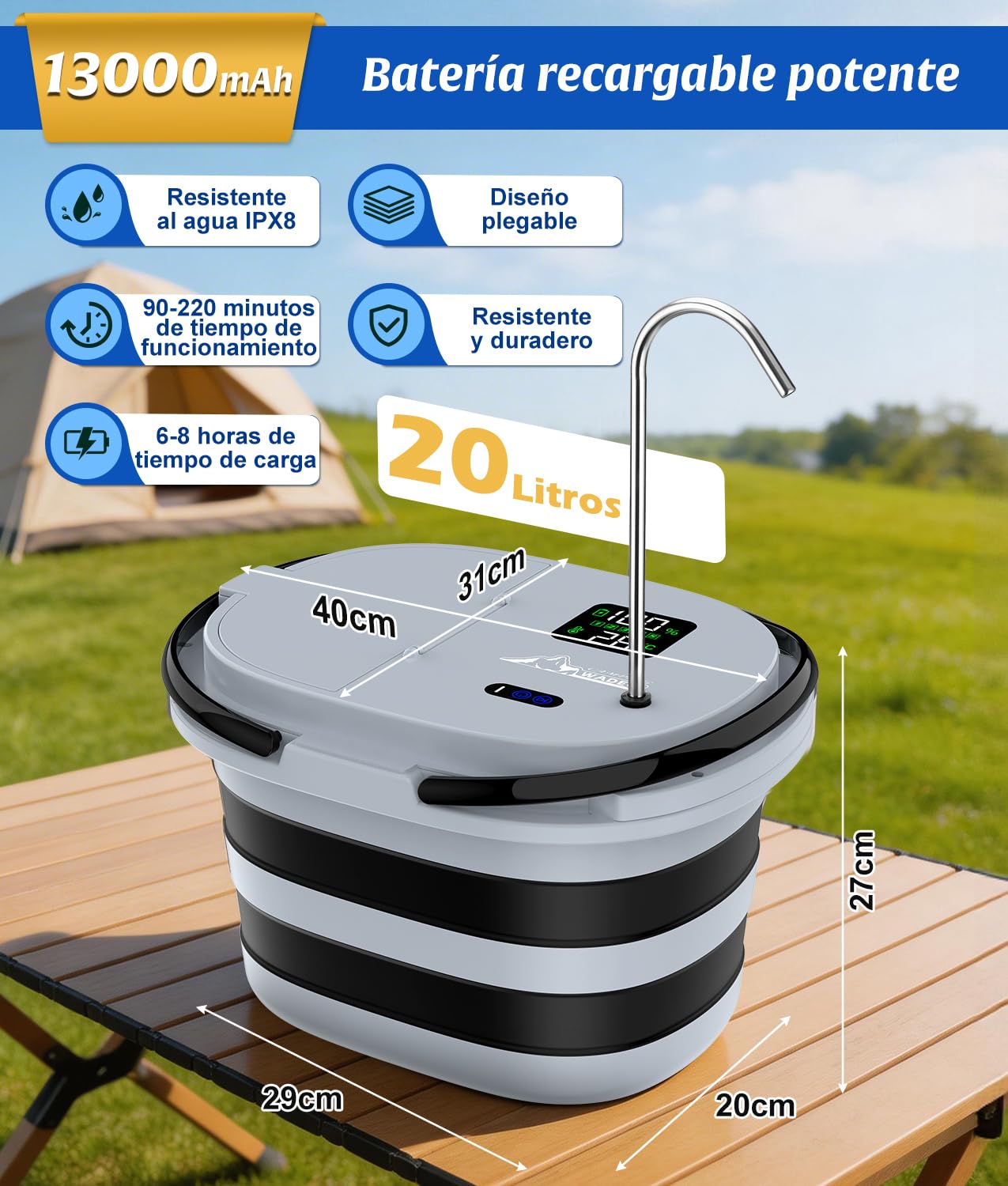 WADEO 2026 Nueva Ducha de Camping con Bomba integrada [13 000 mAh] y Cubo de Agua Plegable, 5 Niveles de Velocidad y 4 Tipos de Chorro, para Acampada, Autocaravana, Mascotas, Playa y jardín