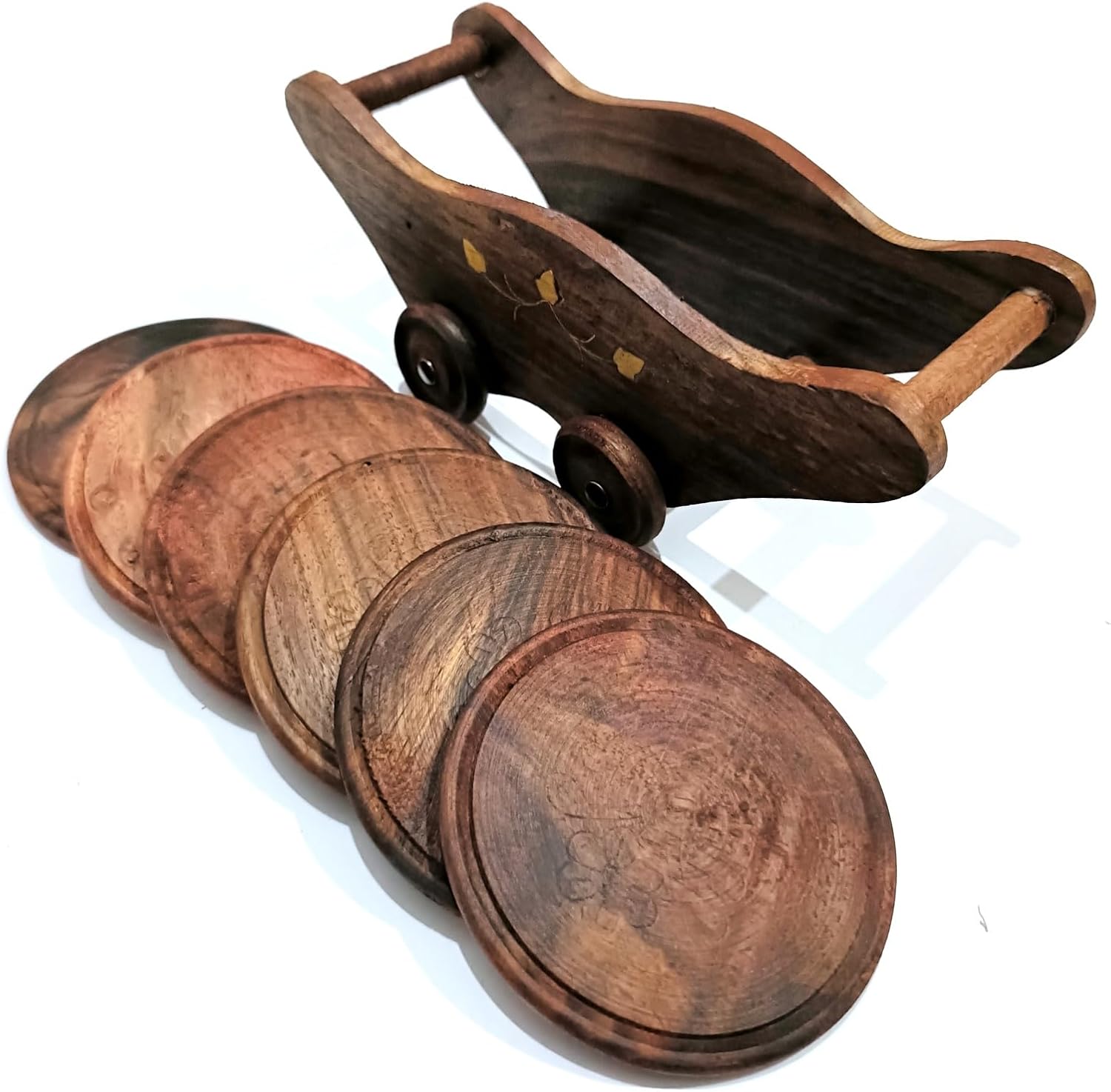 Vintage Wooden Decorative Cart with Wheels, Handcrafted Dark Wood Display with Gold Leaf Accents image 5