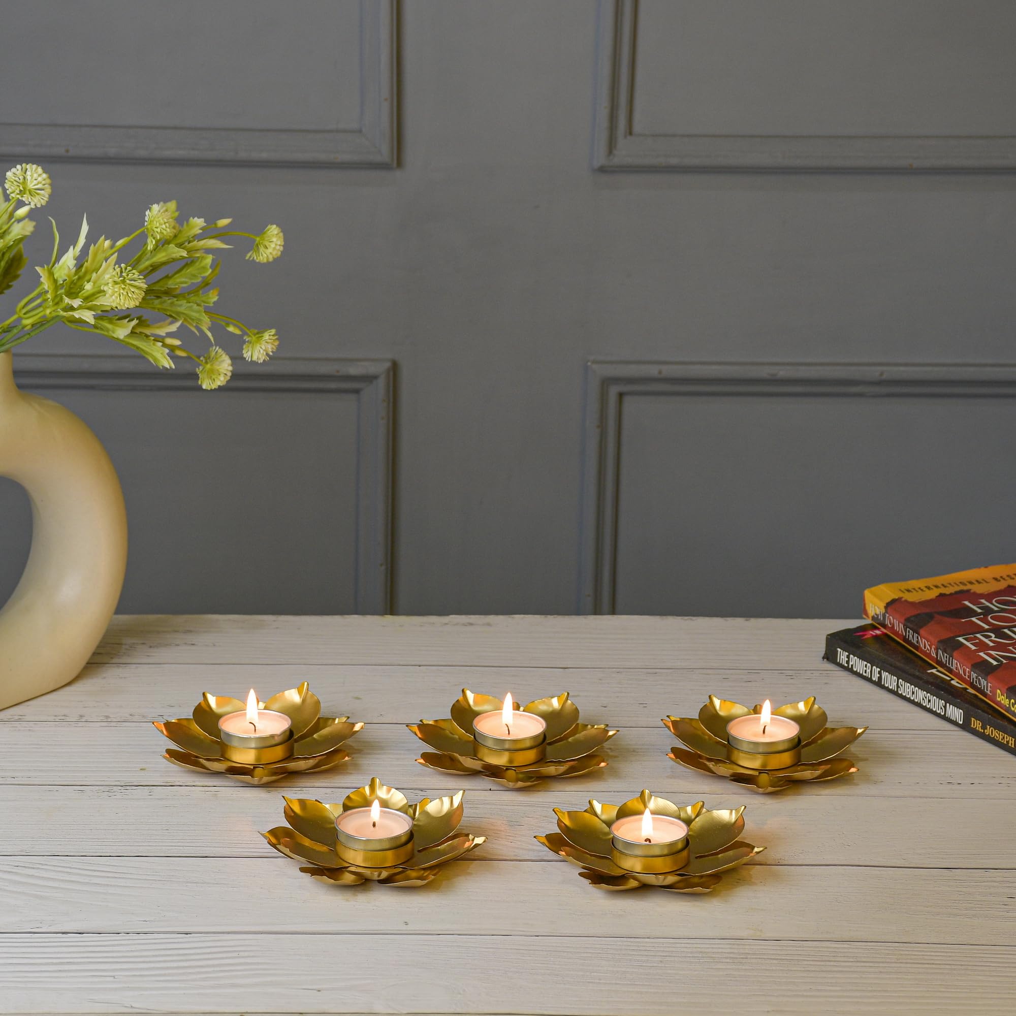 Salie Phool Brass Tea Light Candle Holders Set of 5 | Elegant Floral Design Tea Light Stands for Home Decor, Diwali, and Special Occasions-image-30