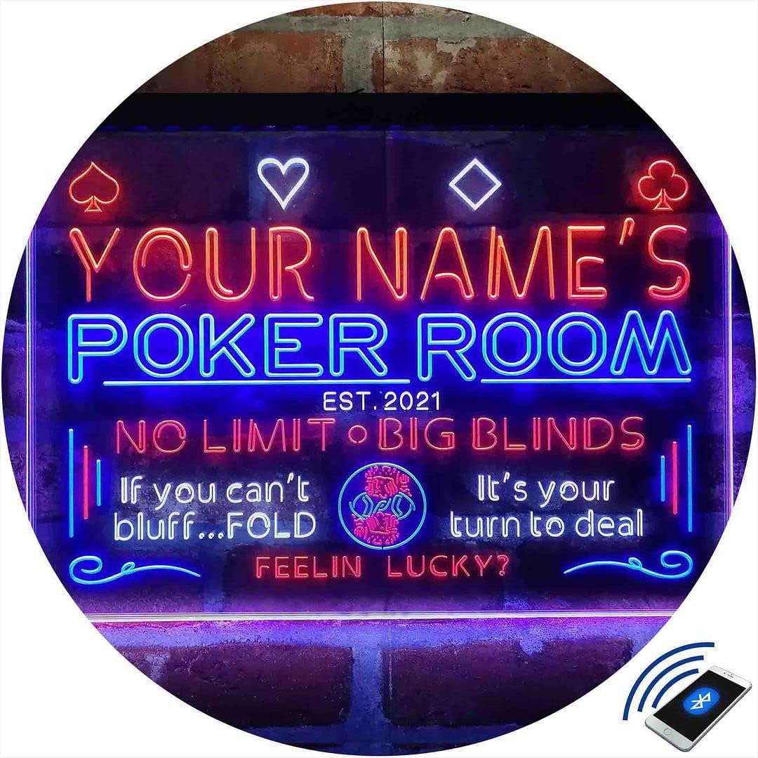 Personalized Poker Room Casino Tri-Color LED Neon Light Sign Customize Name Date Text Quote Font White & Blue & Orange 13 x 8.7 Inches st9s32-pd1-tm-wbo