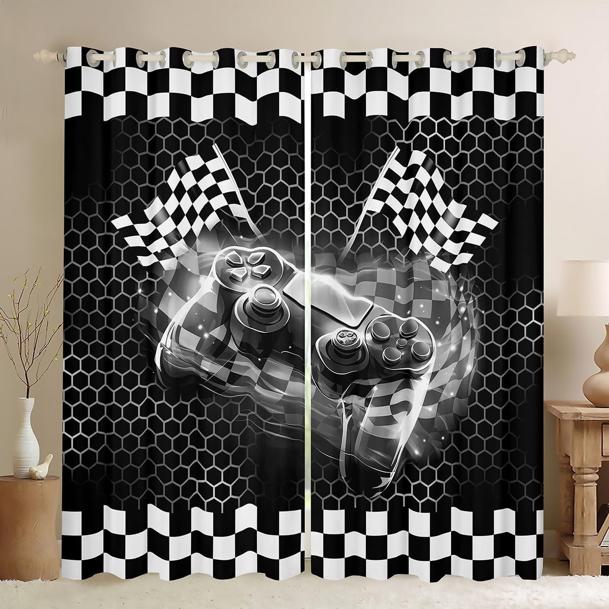 Castle Fairy Gamer Curtains for Living Room,Gamepad Checkered Flag Window Drapes Bedroom Blackout 30%-50%,Modern Geometric Honeycomb Window Treatment Grommet Top 2 Panels Decor,38Wx45L