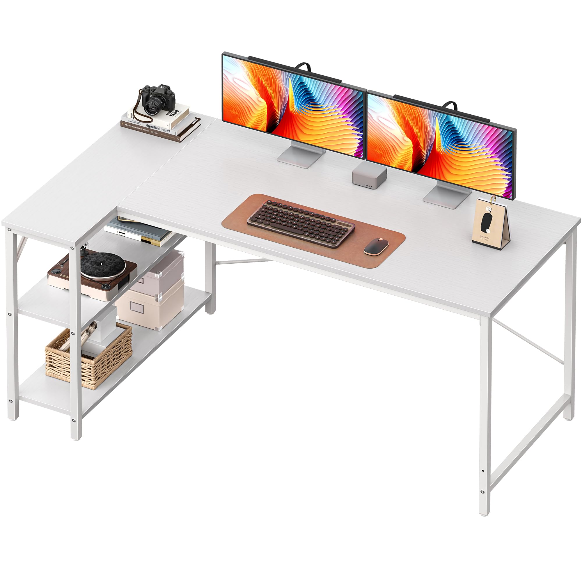 Huuger L Shaped Desk, 55 Inches Computer Desk with Reversible Storage Shelves, for Gaming Corner Home Office Writing Study, Metal Frame, White