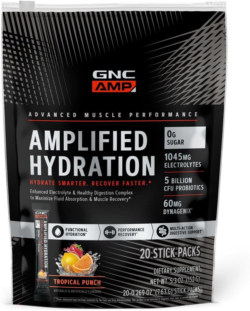 GNC AMP Amplified Hydration Electrolyte Powder Drink Mix | Enhanced Electrolyte & Healthy Digestion Complex | Acai Blueberry Pomegranate | 20 Count