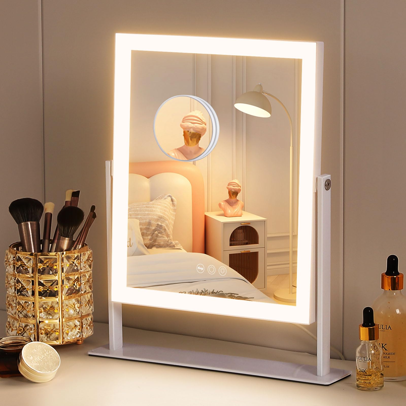 FENCHILIN Lusterko do makijażu z oświetleniem, lustro Hollywood, 3 kolory, ściemnianie, Smart Touch, powiększenie 10x, obrót 360°, białe