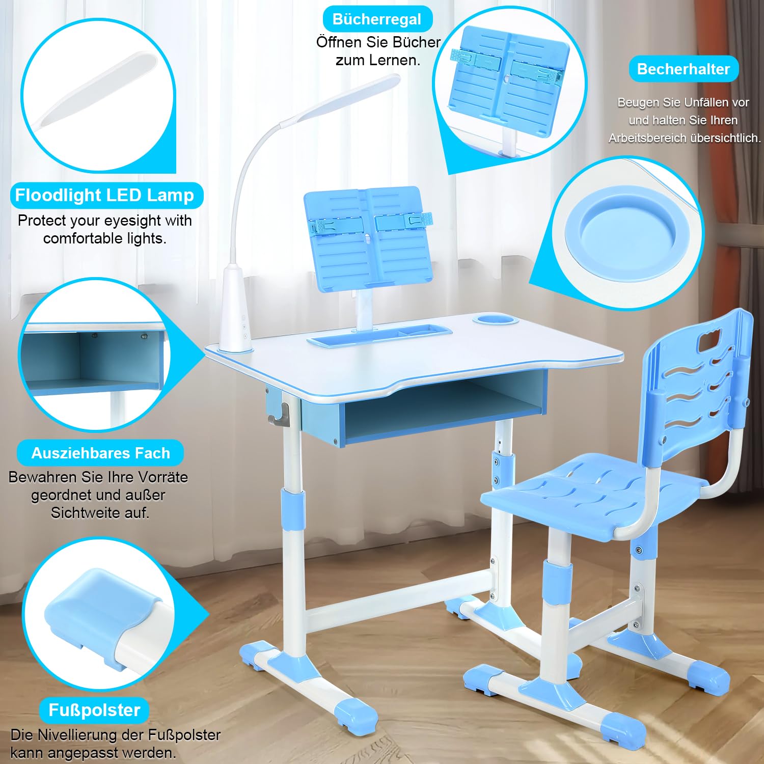 Kinderschreibtisch Set mit Bücherständer & LED-Licht, höhenverstellbarer Kindertisch und Stuhl mit Tischplatte & Schublade, Kinder Schreibtisch für Jungs & Mädchen (Blau), FA0021