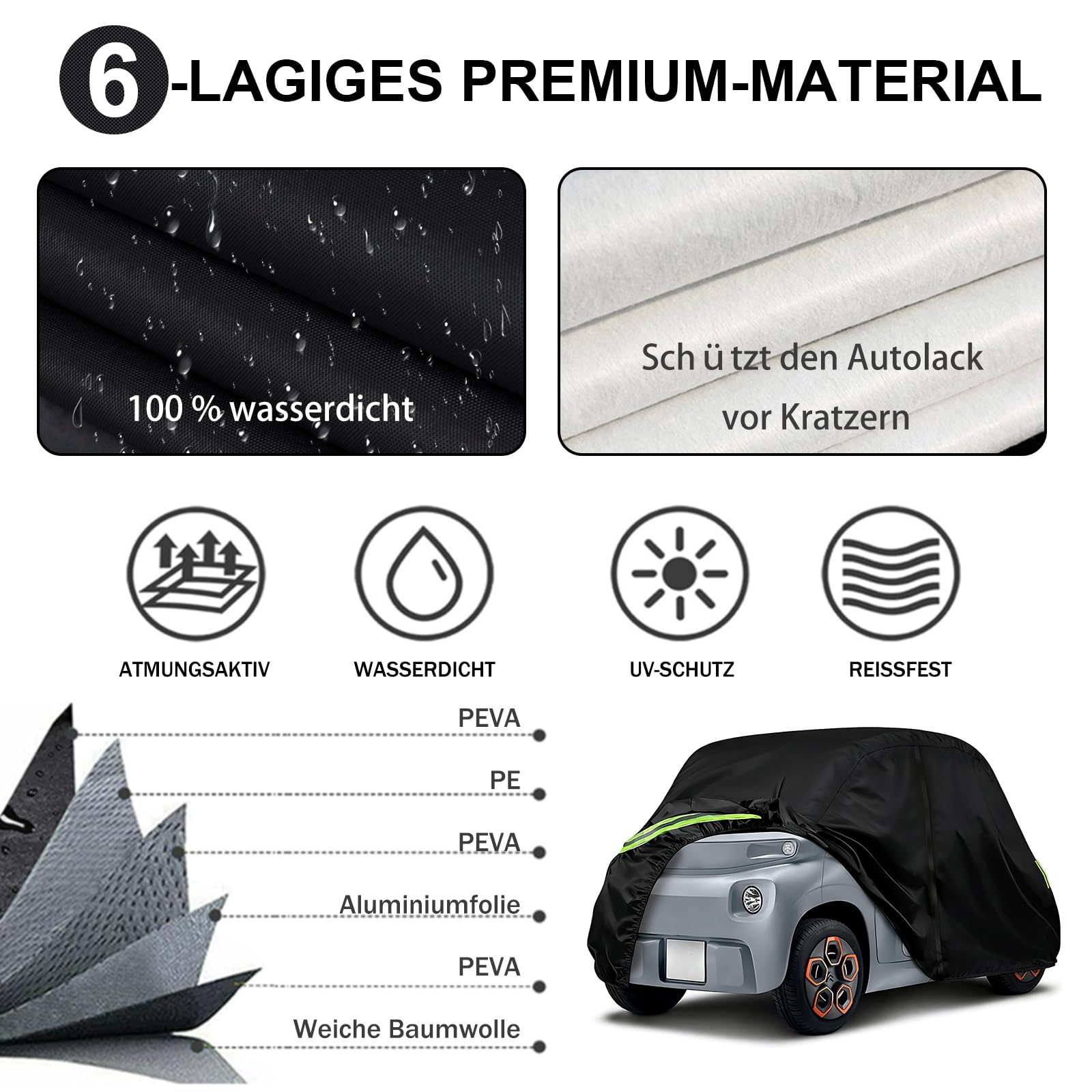 Vollgarage Autoabdeckung Ersatz für Citroen Ami/Opel Rocks-e/Electric/FIAT Topolino 2020-2024, Auto Abdeckplane Autogarage Ganzgarage, Atmungsaktive Vollgarage Wasserdicht Reflexionsstreifen