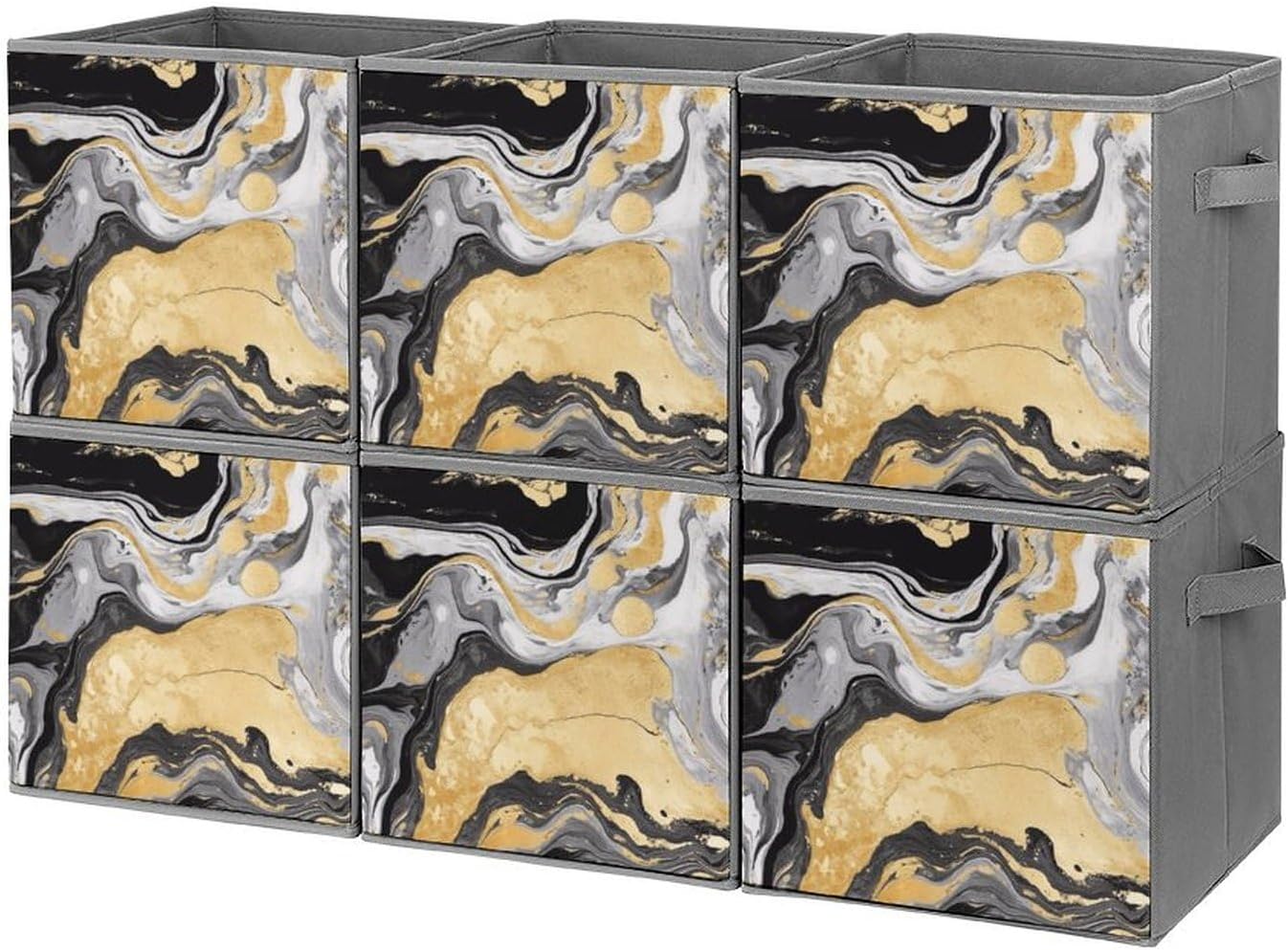 Black Golden Marble Ink Foldable Storage Box with Handles, Durable Oxford Storage Cubes, 6PCS Collapsible Closet Organizer for Home, Shelf, Office, Travel