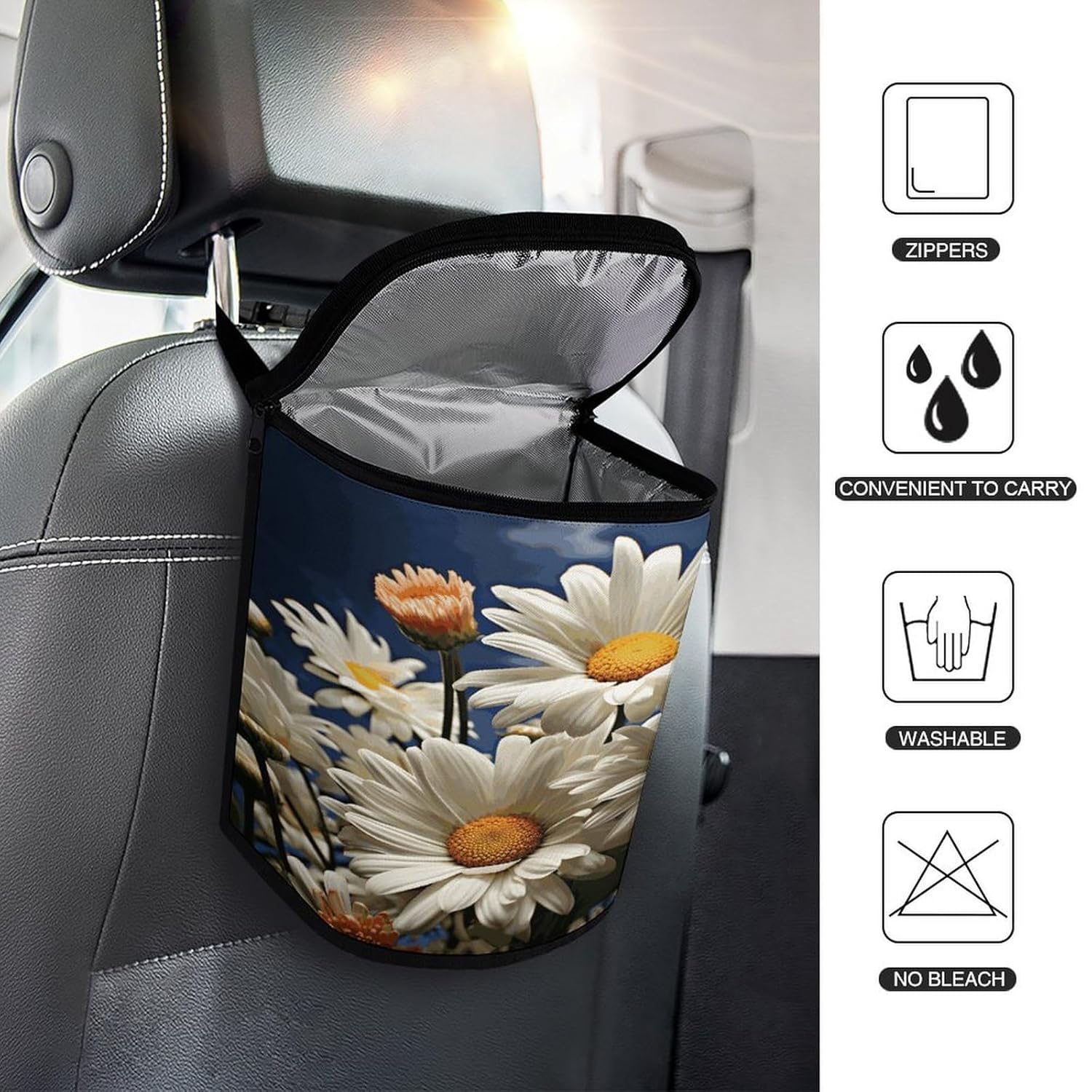 Floral Daisy Car Trash Bag Large Capacity Car Garbage Can with Lid Collapsible Portable Auto Trash Bin Hanging Auto Organizer Storage Bag for Travelling Outdoor