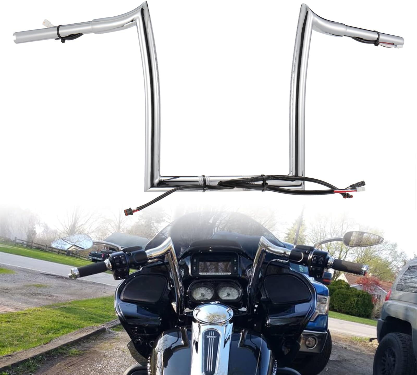 TIGERSGATE Chrome Pre-wired 14" Rise Road Glide Meathook Monkey Bars 1 1/4" Ape Hanger Handlebars Designed for 2016-up Harley Road Glide Models