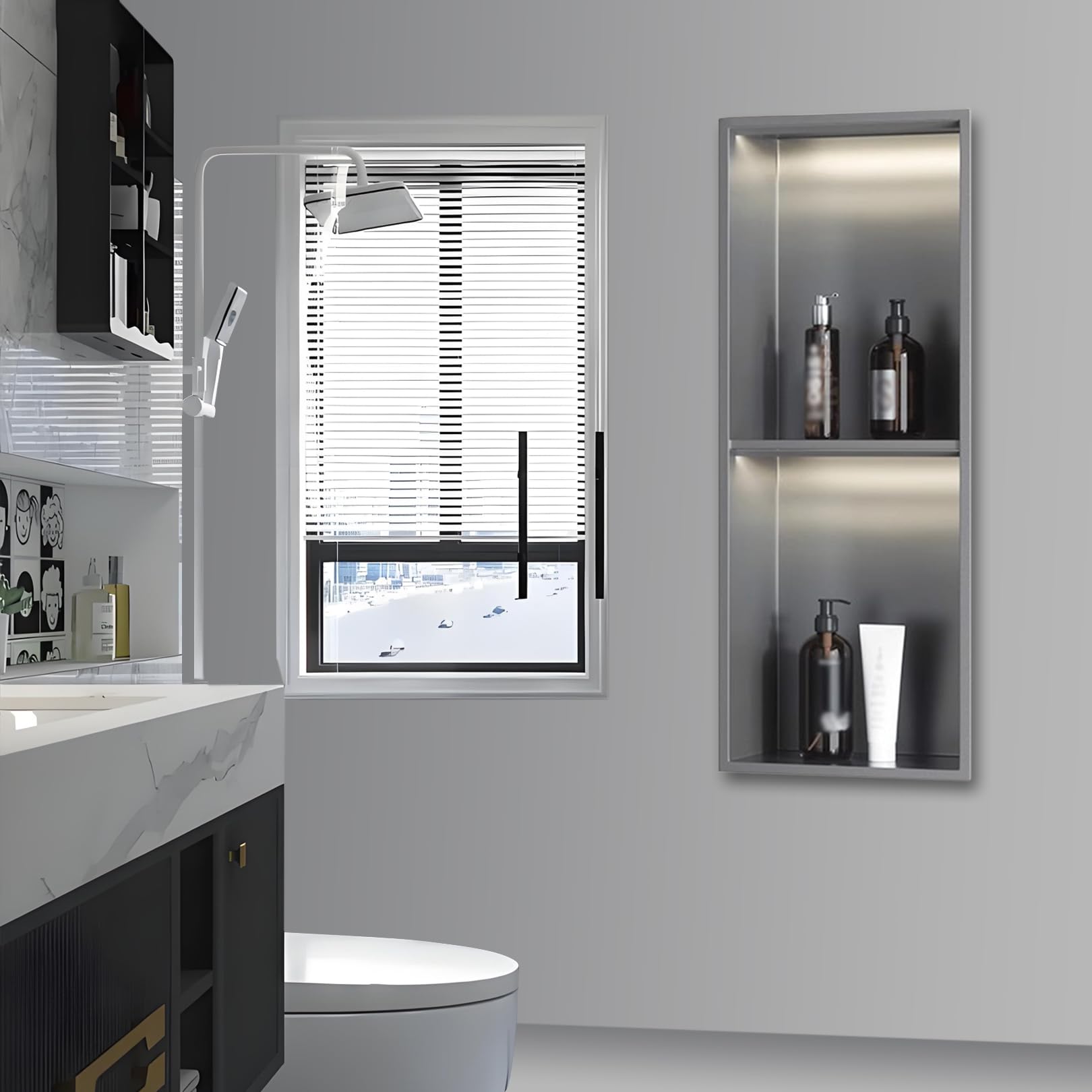 Niche de douche à LED en acier inoxydable brossé, l'épuration architecturale haut de gamme