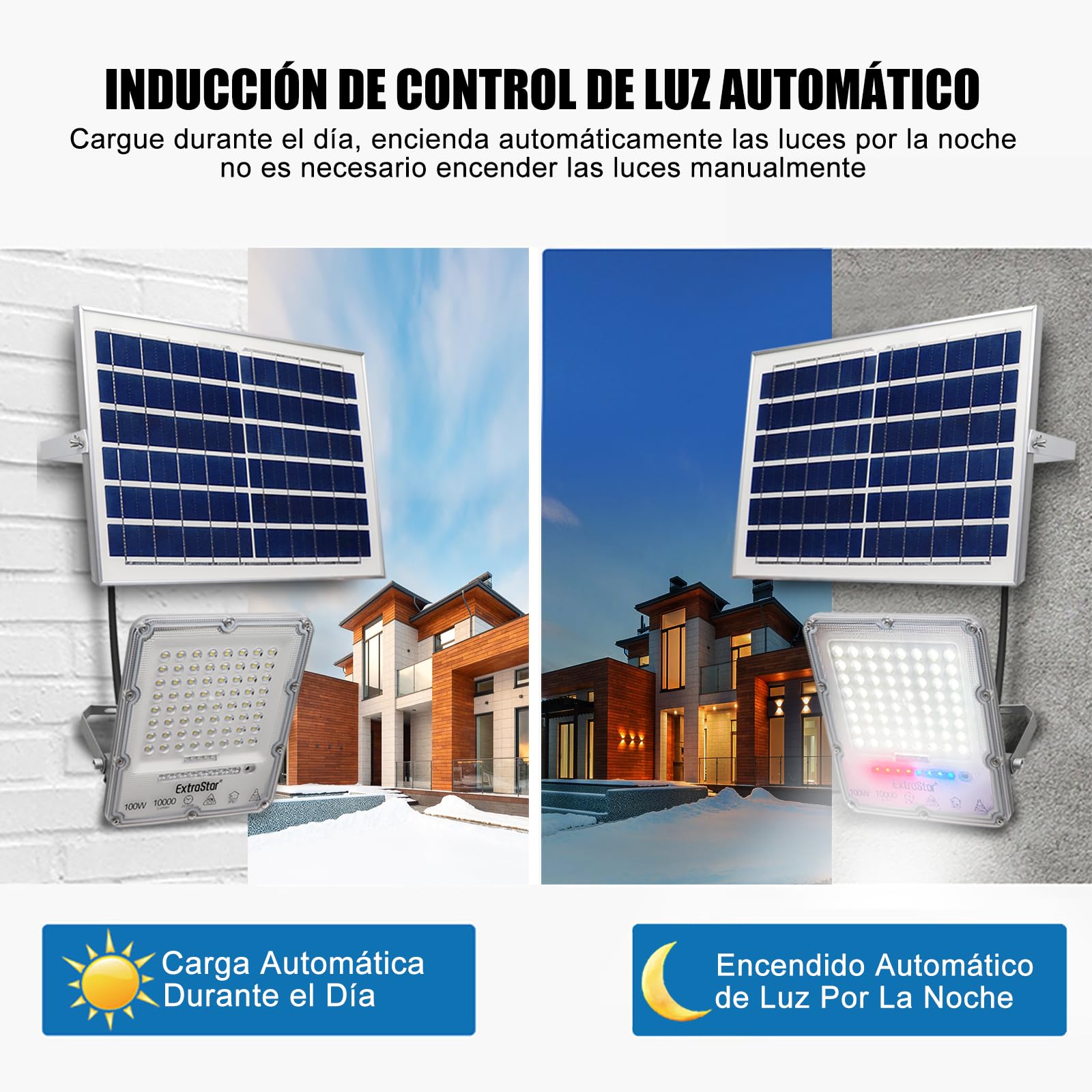 EXTRASTAR Foco Proyector LED Solar 100W con Mando a Distancia, Luz Blanca Fría 6500K, 10000Lm, Resistente al Agua IP67, para Exterior, Jardín, Patio, 1Pc
