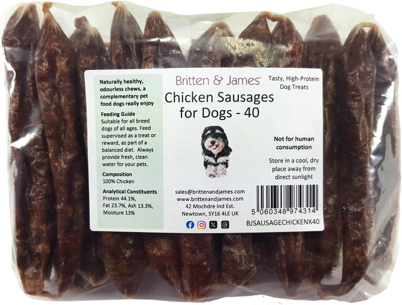 Britten and James 40 Premium Air Dried Chicken Sausages for Dogs (11cm length). 100% Natural and Healthy High Protein Treat - Grain Free, Hypoallergenic and Odourless