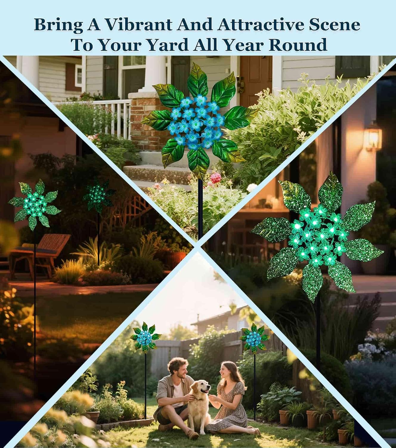 Solar Glow Garden Wind Spinner Outdoor, 13" W Flower Metal Wind Spinner & Sculptures with Fluorescent Coating, Kinetic Windmill for Yard Lawn Patio Decor, Blue