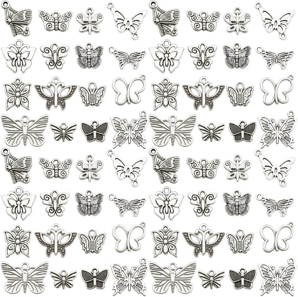 Youdiyla 144Pcs Ancient Silver Butterfly Series Pendant Jewelry Making DIY Keychain Earrings Pendant Various Design Charms for Jewelry Making Bracelets Necklace (SN10)