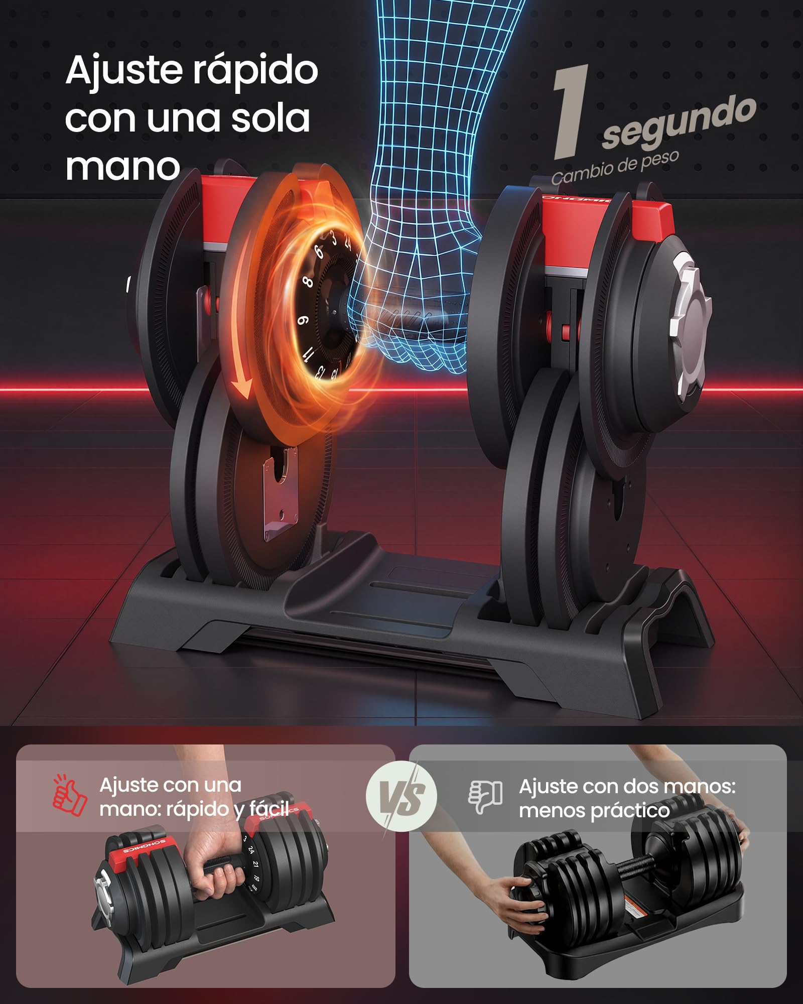SONGMICS Juego de 2 Mancuernas Ajustables 12 en 1, Ahorran Espacio, Mango Antideslizante, Soporte Base, Entrenamiento de Fuerza y Fitness en Casa