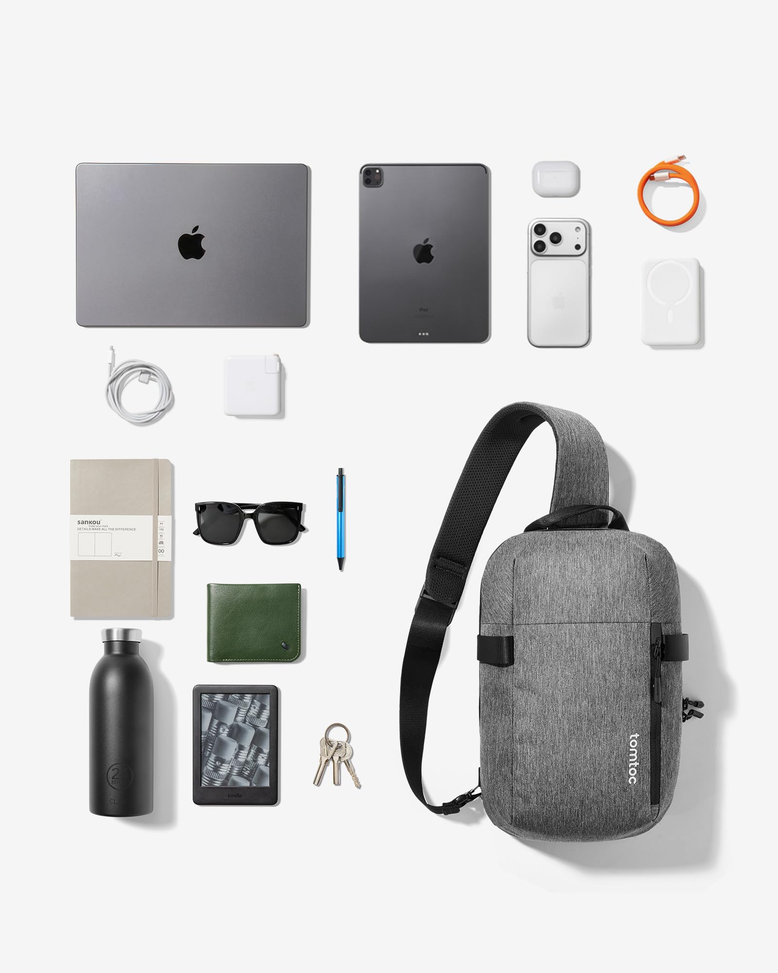 tomtoc Compact EDC Sling Bag, Sac à Bandoulière Minimaliste Crossbody pour 13" MacBook Air/Pro, 2024 13" iPad Pro M4, 13" iPad Air M2, Sac à Dos Résistant à L'eau, Usage Quotidien, Travail, Gris
