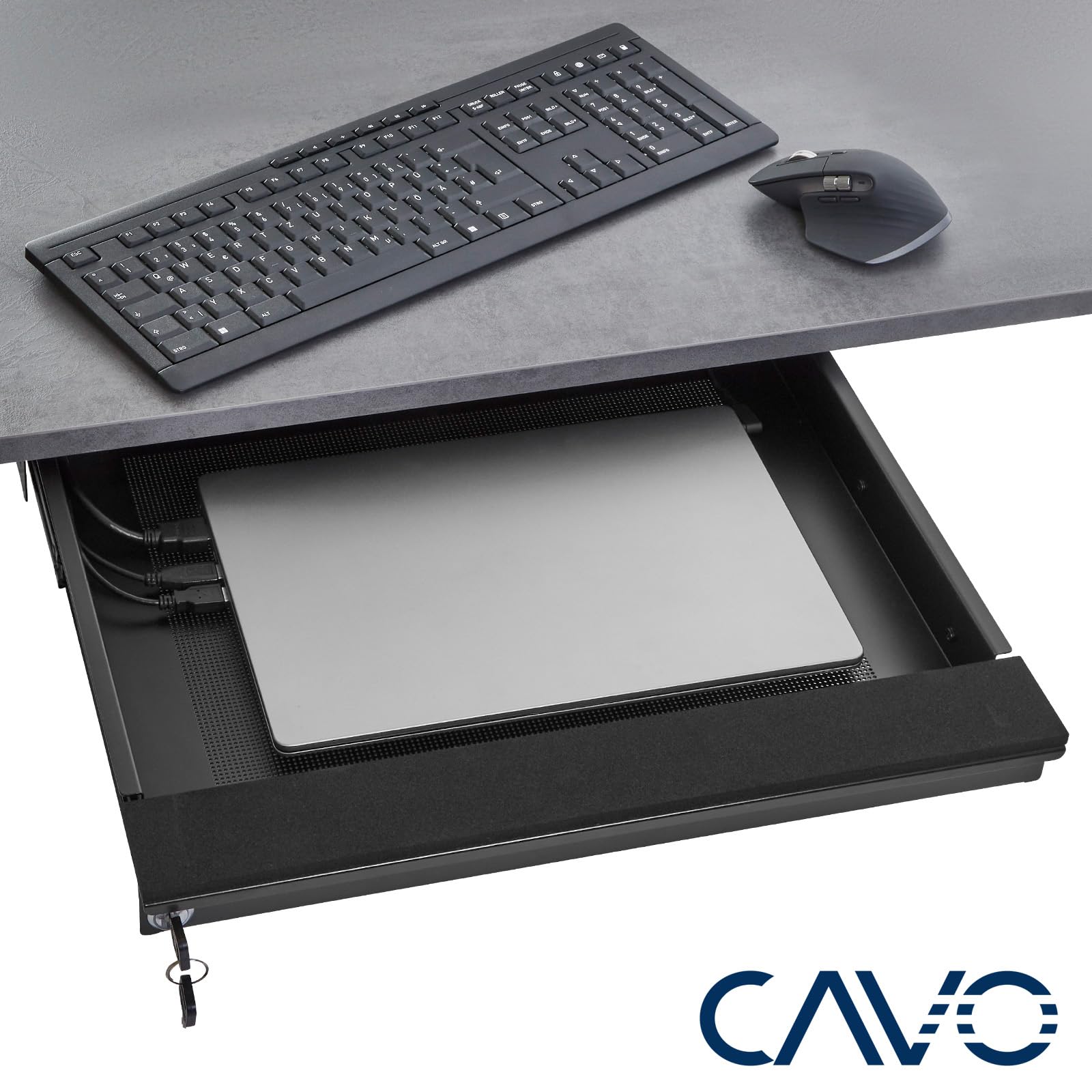 CAVO Laptop Schreibtischschublade abschließbar 480 x 446 x 55 mm schwarz Notebook Arbeitstisch-Schublade für den Unterbau von SOTECH