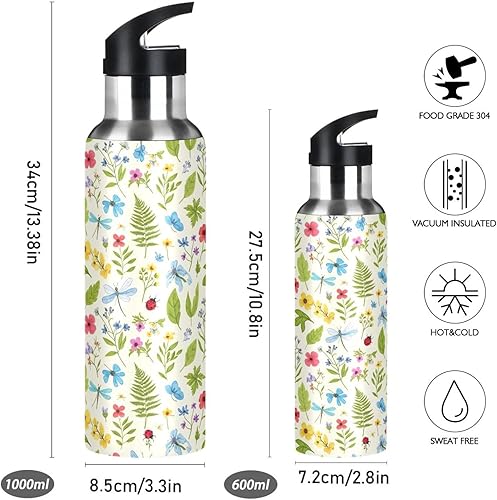 Miniatura 2 de Botella de agua de acero inoxidable de 20 onzas, botella de agua deportiva sin BPA con popote para gimnasio, viajes al aire libre, escuela, flores