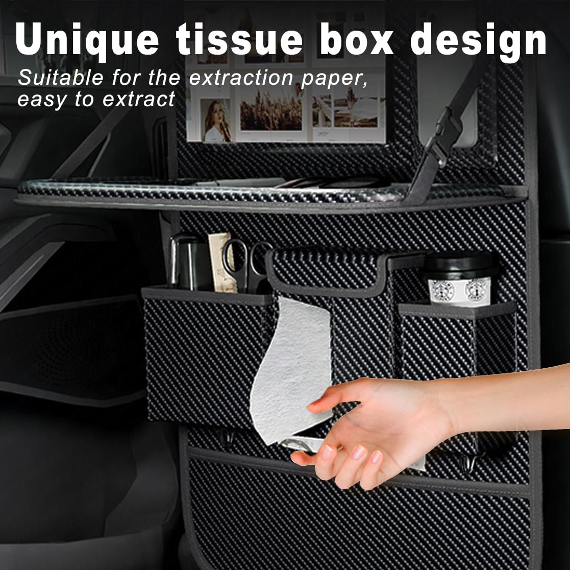 Car Seat Organizers,Multi-functional Back Seat Protectors, Storage Pouches, and Tray Holders (for Cars, Kids, Seat Back and Rear Seats) (Carbon Fiber, 2 Pcs)