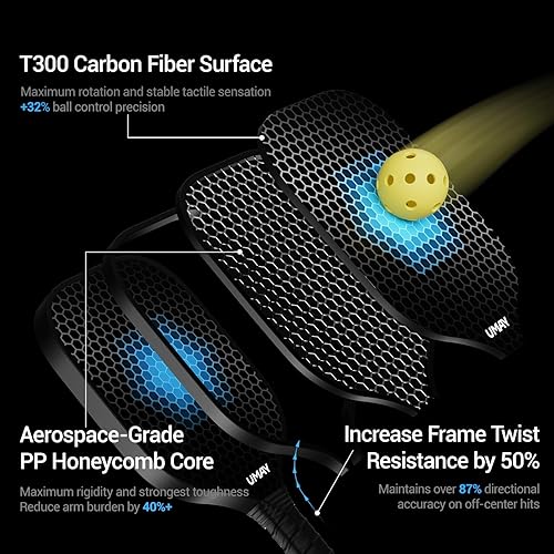 Miniatura 2 de UMAY Paleta de pickleball para fitness, aprobada por USAPA de 0.630 in T300 de fibra de carbono, raqueta ligera de pickleball con bolsa y cintas de