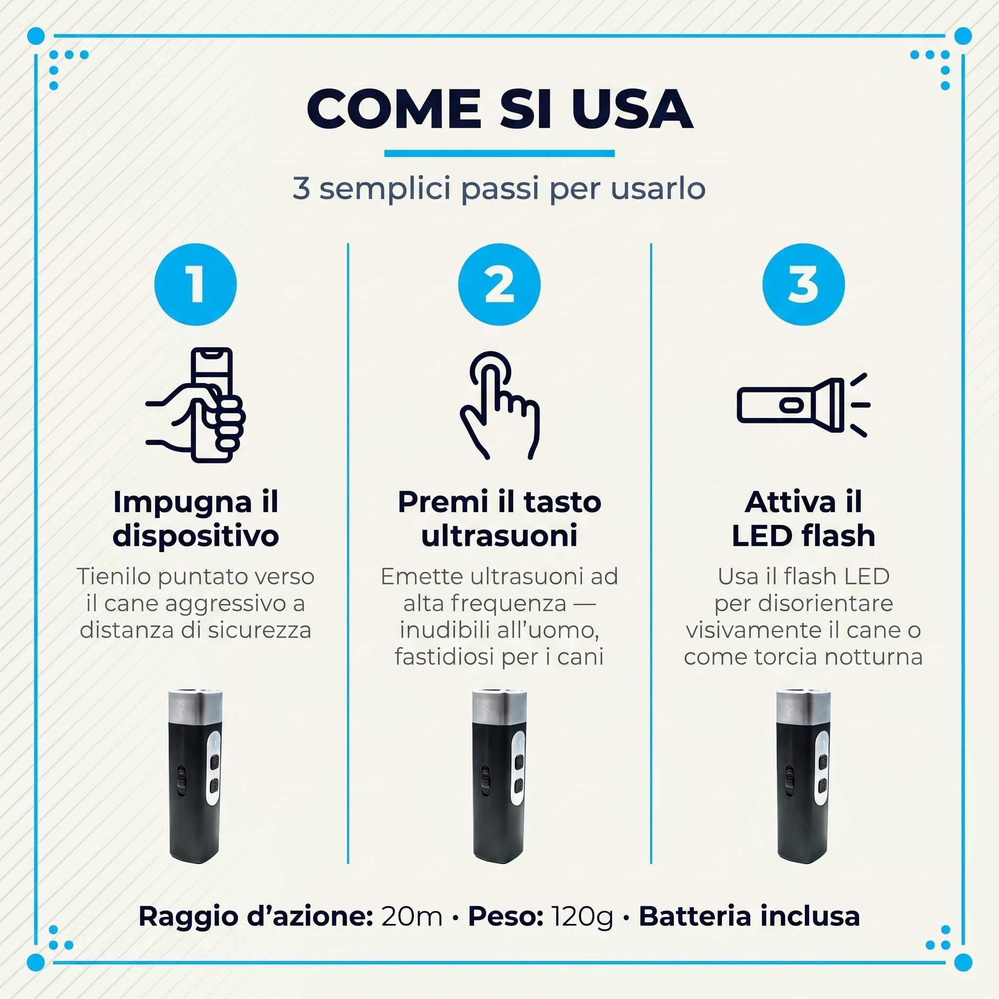 Dispositivo di Protezione da Attacchi di Cani con Ultrasuoni Potenti e LED Flash, Raggio 20m, Batteria Inclusa