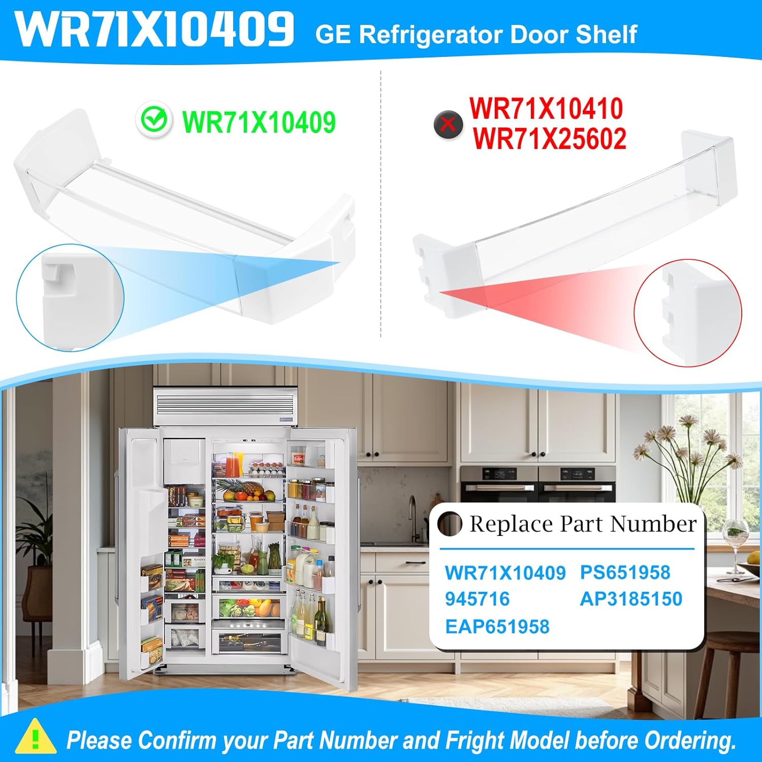 Comparison of WR71X10409 shelf bin with incompatible models WR71X10410 and WR71X25602