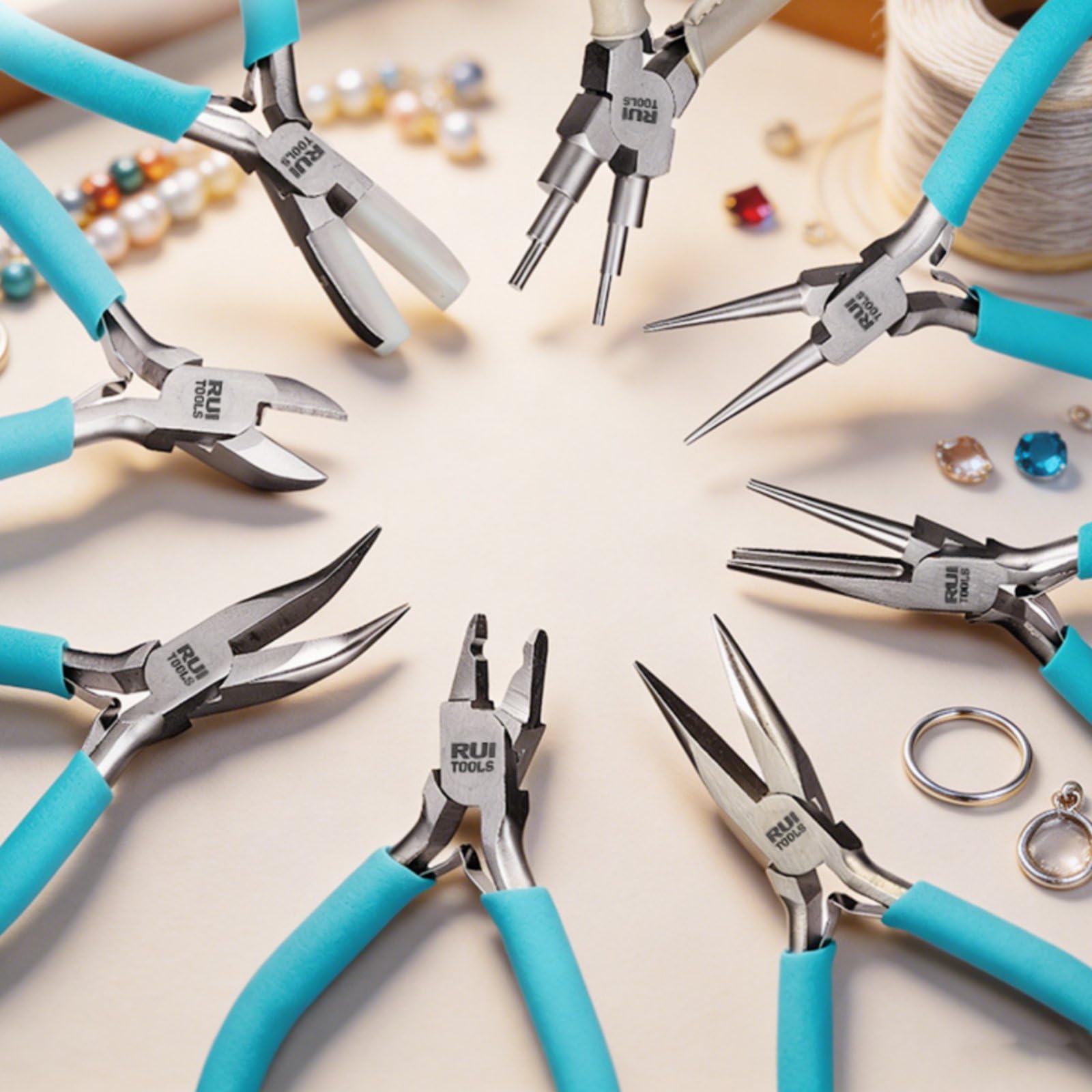 8 Pièces Pince Bijouterie Poignées Antidérapantes à Pointe Fine Finition Polie Pinces DIY pour Bijoutiers, Pince À Six Sections + Pince À Bec Courbé + Pince Coupante
