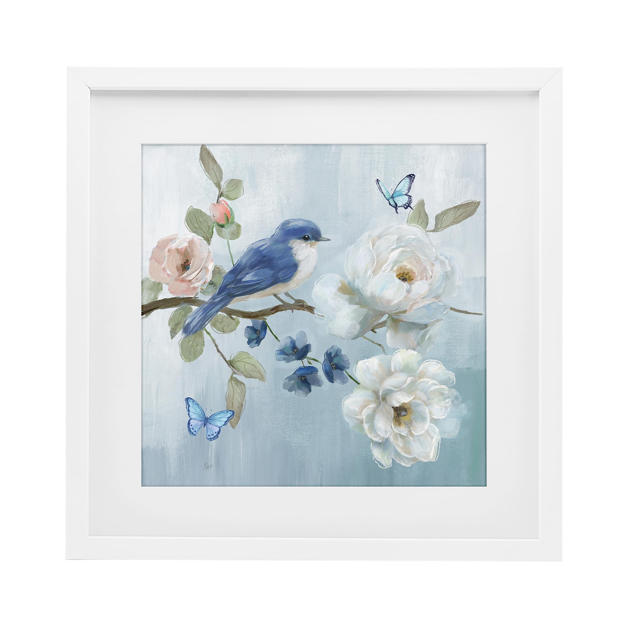 Stupell Industries Coastal White (Textured) 'Blue Bird Tranquility'| Framed Print Under Glass