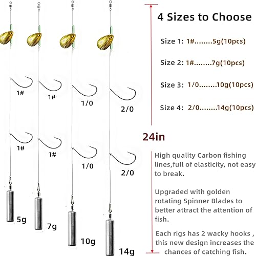 Miniatura 2 de 10Pcs Drop Shot Ready Rigs Kit with 2 Fishing Wacky Hooks,No Snag Skinny Sinker(1/2oz,3/8oz,1/4oz.1/5oz.), Spinner Blades， Fishing Bass Rig Cylinder