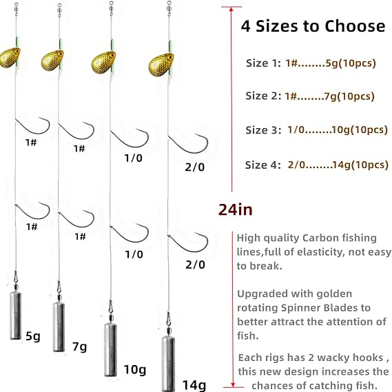 10Pcs Drop Shot Ready Rigs Kit with 2 Fishing Wacky Hooks,No Snag Skinny Sinker(1/2oz,3/8oz,1/4oz.1/5oz.), Spinner Blades, Fishing Bass Rig Cylinder Saltwater Freshwater