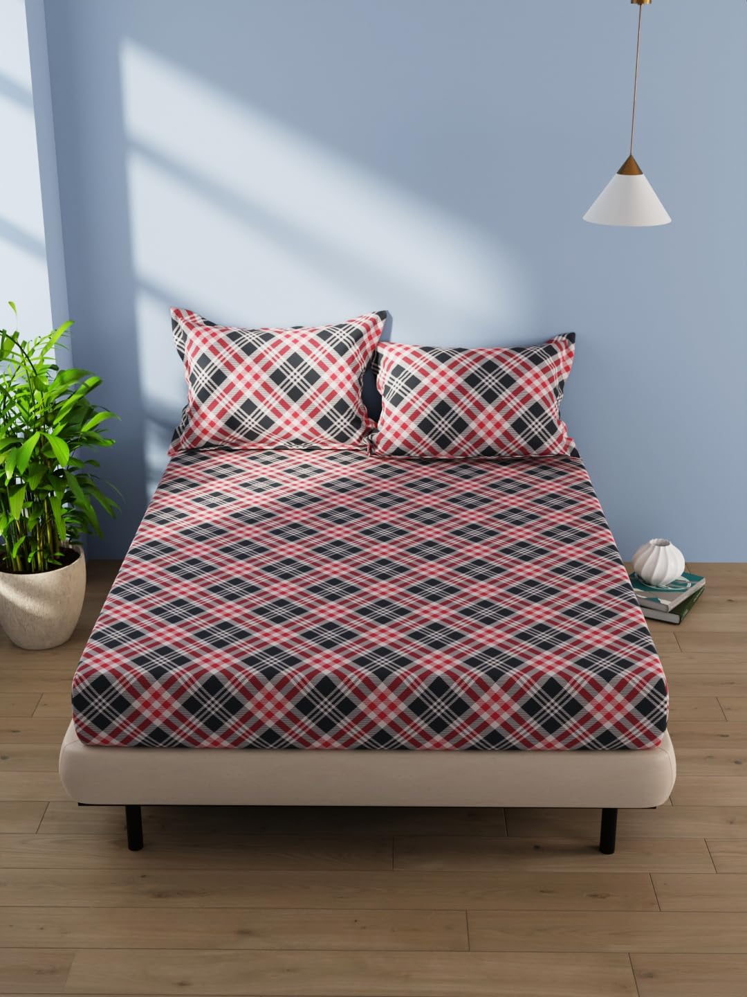 BIANCA Cotton Double Bedsheet with 2 Pillow Covers -3pc Set (Serina) | 100% Soft Natural Cotton | 1 Double Bedsheet with 2 King Size Pillow Covers Checks-Grey/red (B0CGDDVQXM) Amazon Price History, Amazon Price Tracker