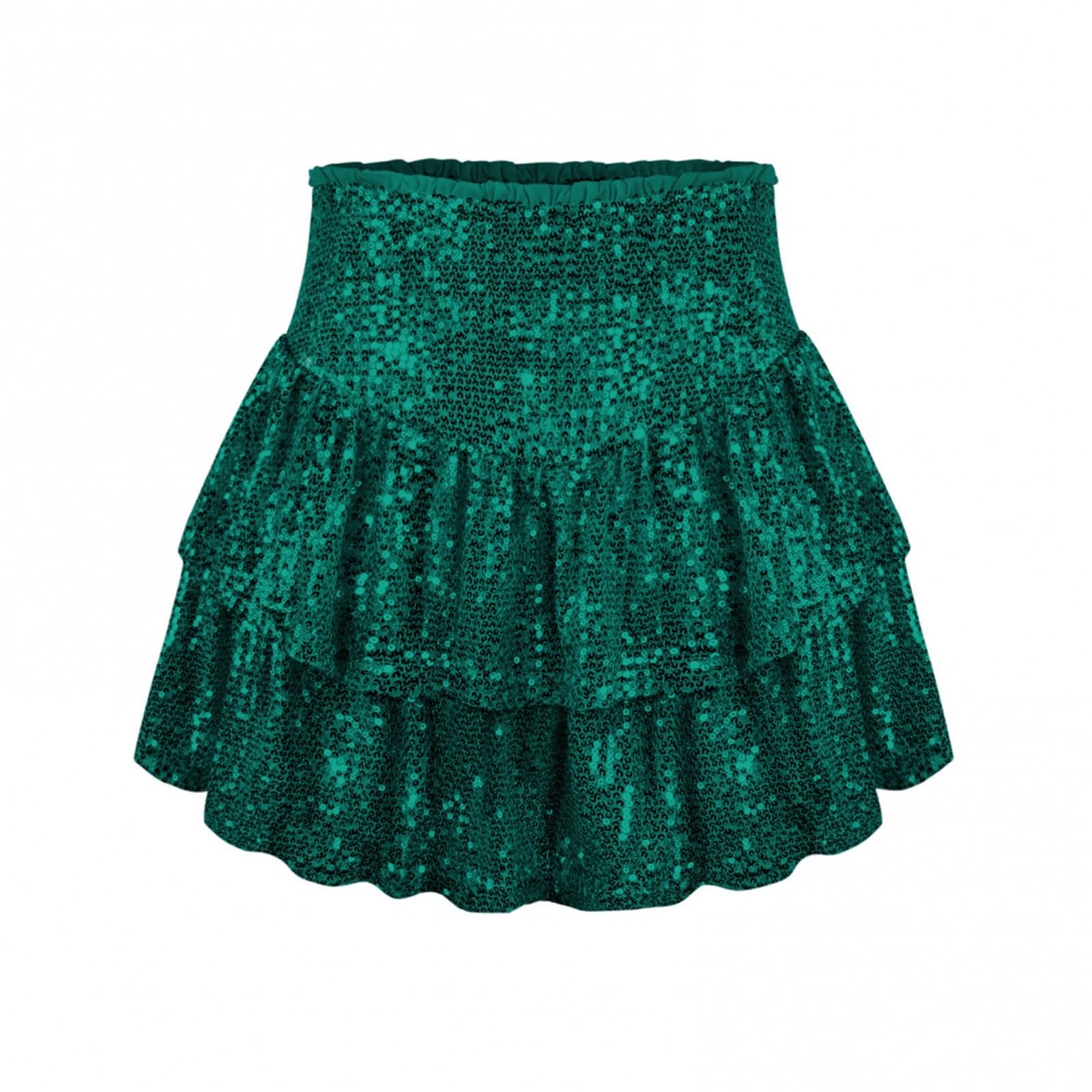 Minigonna da Donna a Vita Alta Tinta Unita Pieghettata Scintillante Paillettes Luminose Strato Volant Corto Streetwear
