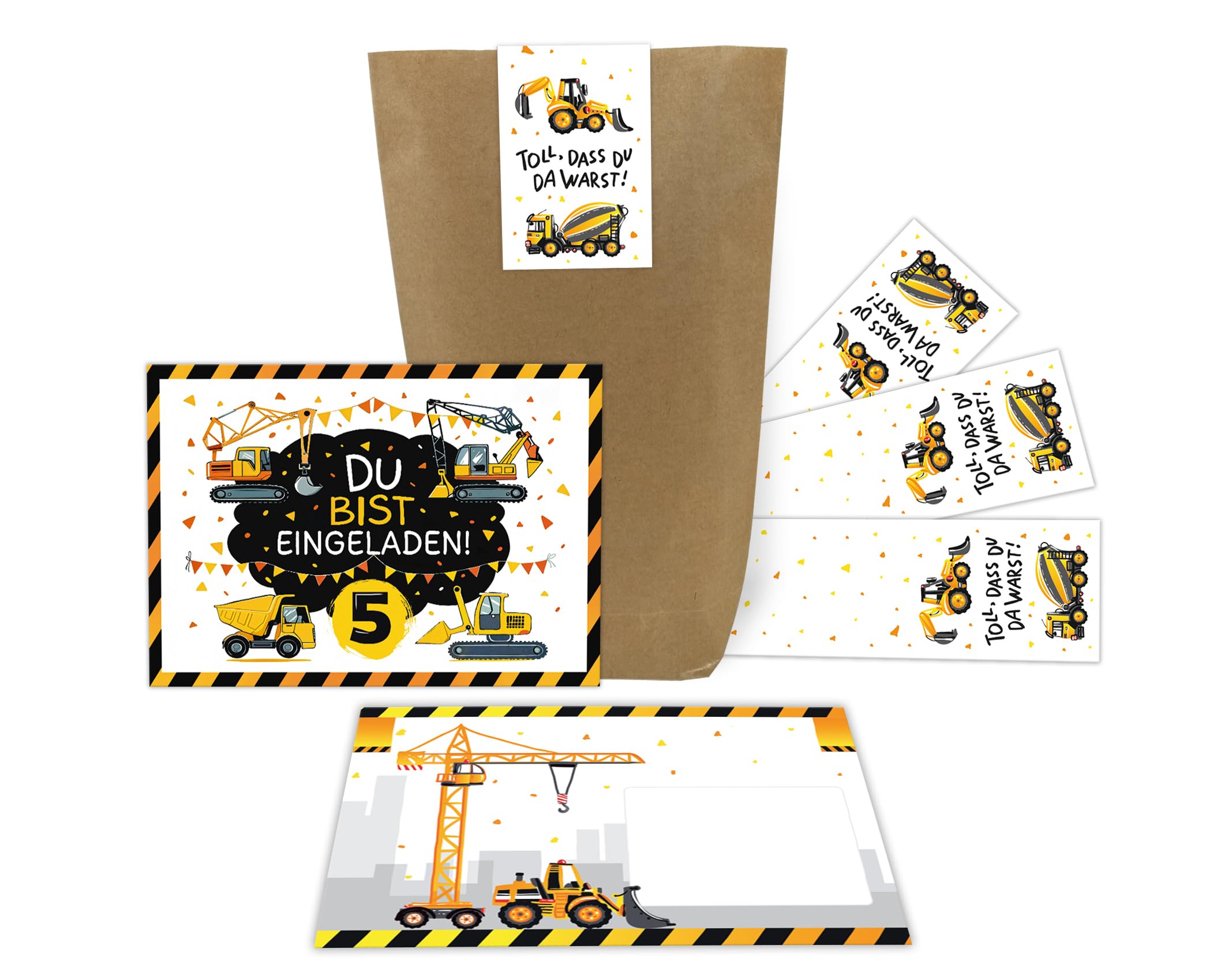 Junaversum 12 Einladungskarten zum 5. Kindergeburtstag Bagger Baustelle Kinder Jungen coole bunte Einladungen fünfte Geburtstag Geburtstagseinladungen Kids inkl. 12 Umschläge, 12 Tüten, 12 Aufkleber