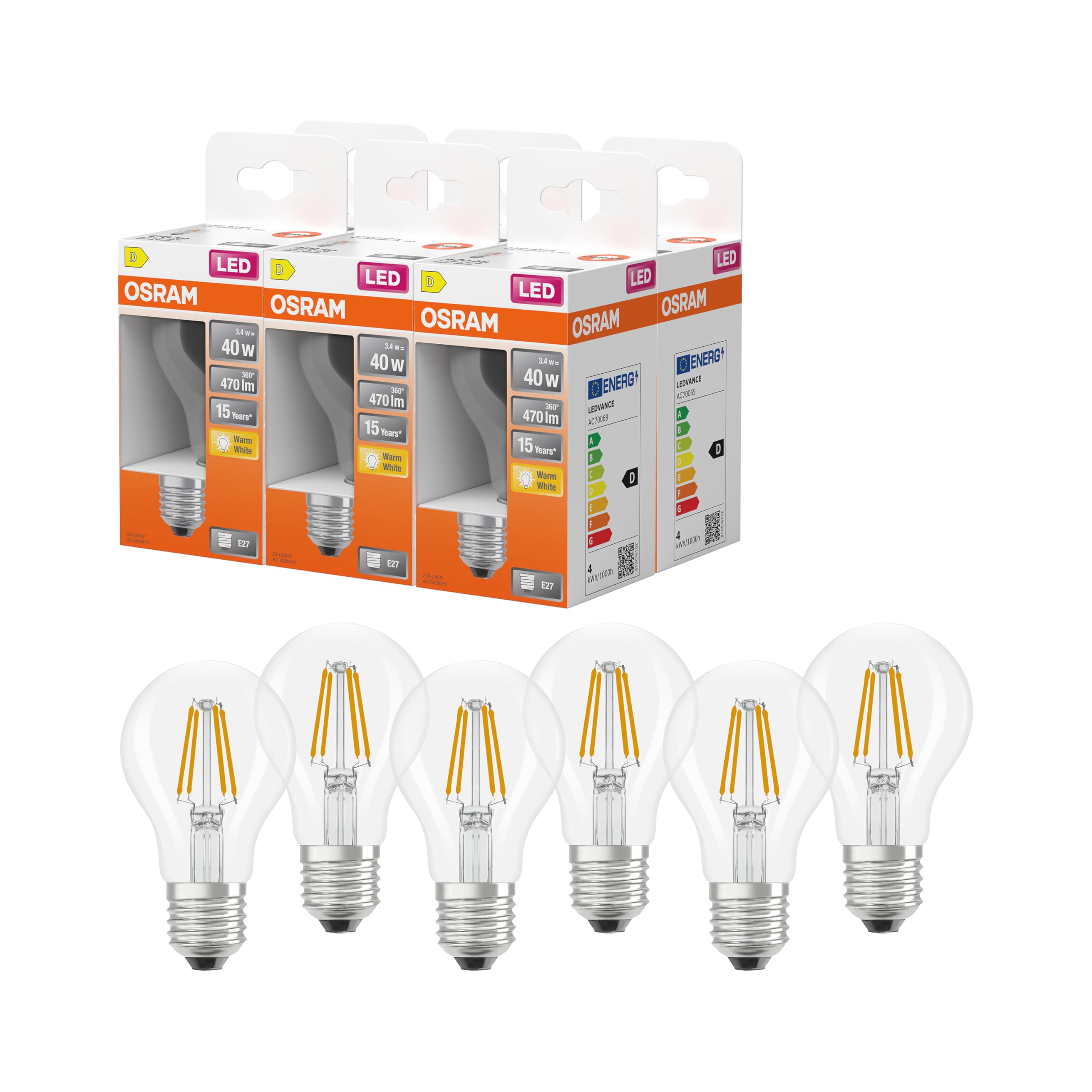 Osram LED-Lampe Star Kolbenform A40 Filament, 2700 K warmweiß, 3,4 W, E27, klar, 470 lm, 15.000h, für Decken- und Stehleuchten, Wohnraum