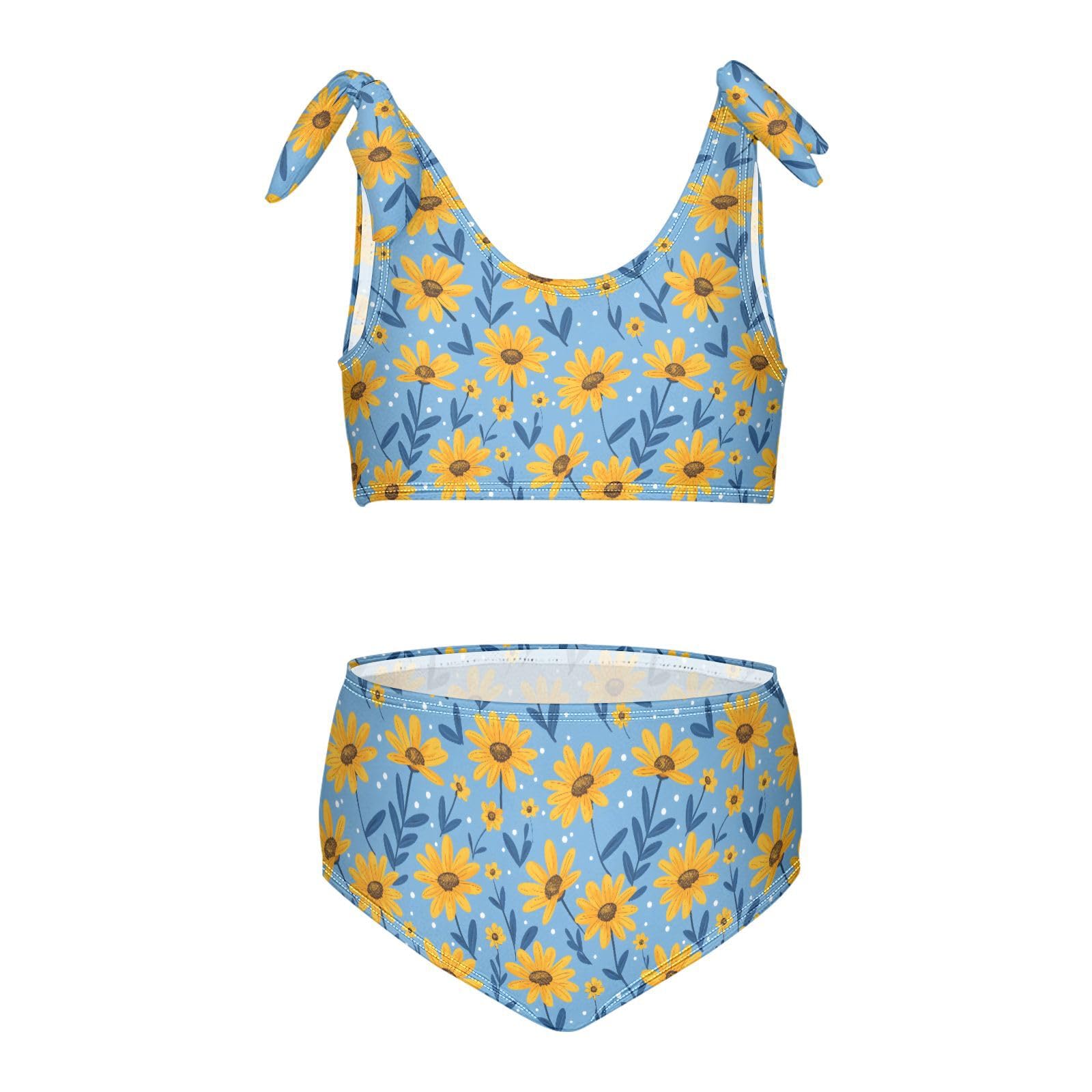 Flower Yellow Blue Pattern Girls Tankini Swim Set, Two Piece Swimsuits Summer Bikini Swimwear Set for Girls, 3T