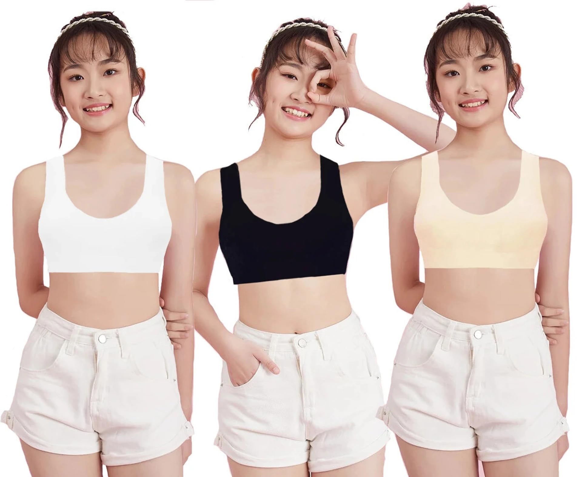 Sports Bras for Women,Wireless Bras Low Impact Sports Bra Sleep Comfortable Yoga Bras with Removable Pads, Black+White+Beige, Large-image-14