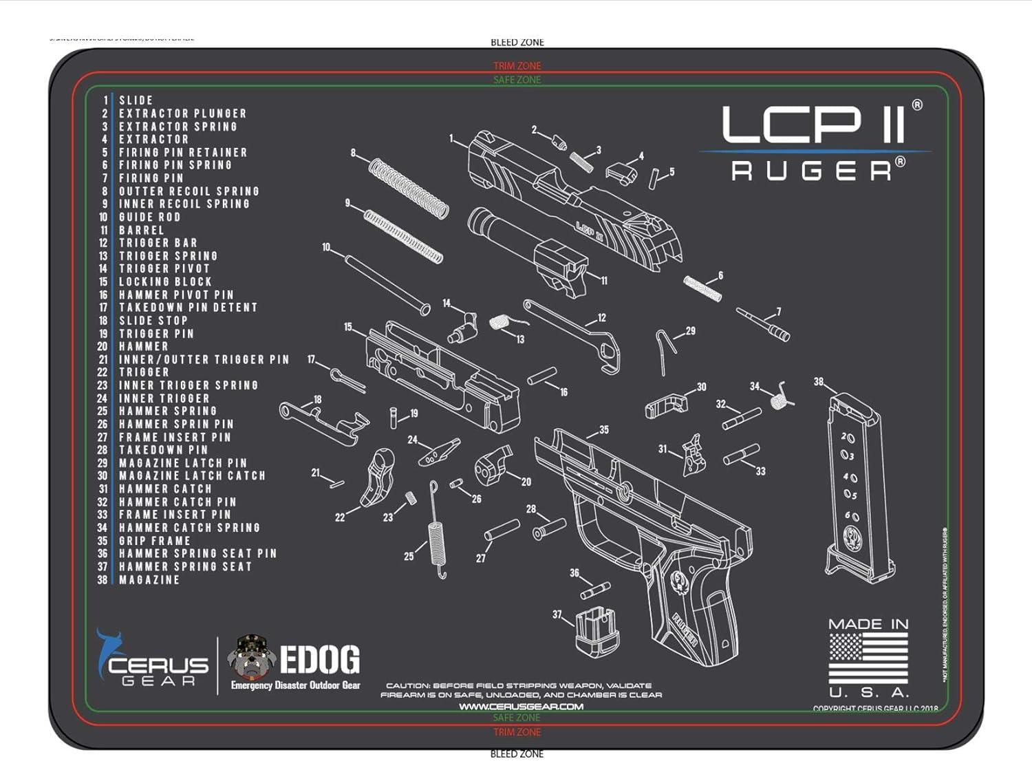 EDOG Range Warrior 27 Pc Gun Cleaning Kit - Compatible with Ruger LCP II - Schematic (Exploded View) Mat, Range Warrior Universal .22 9mm - .45 Kit & Tac Book Accessories Set