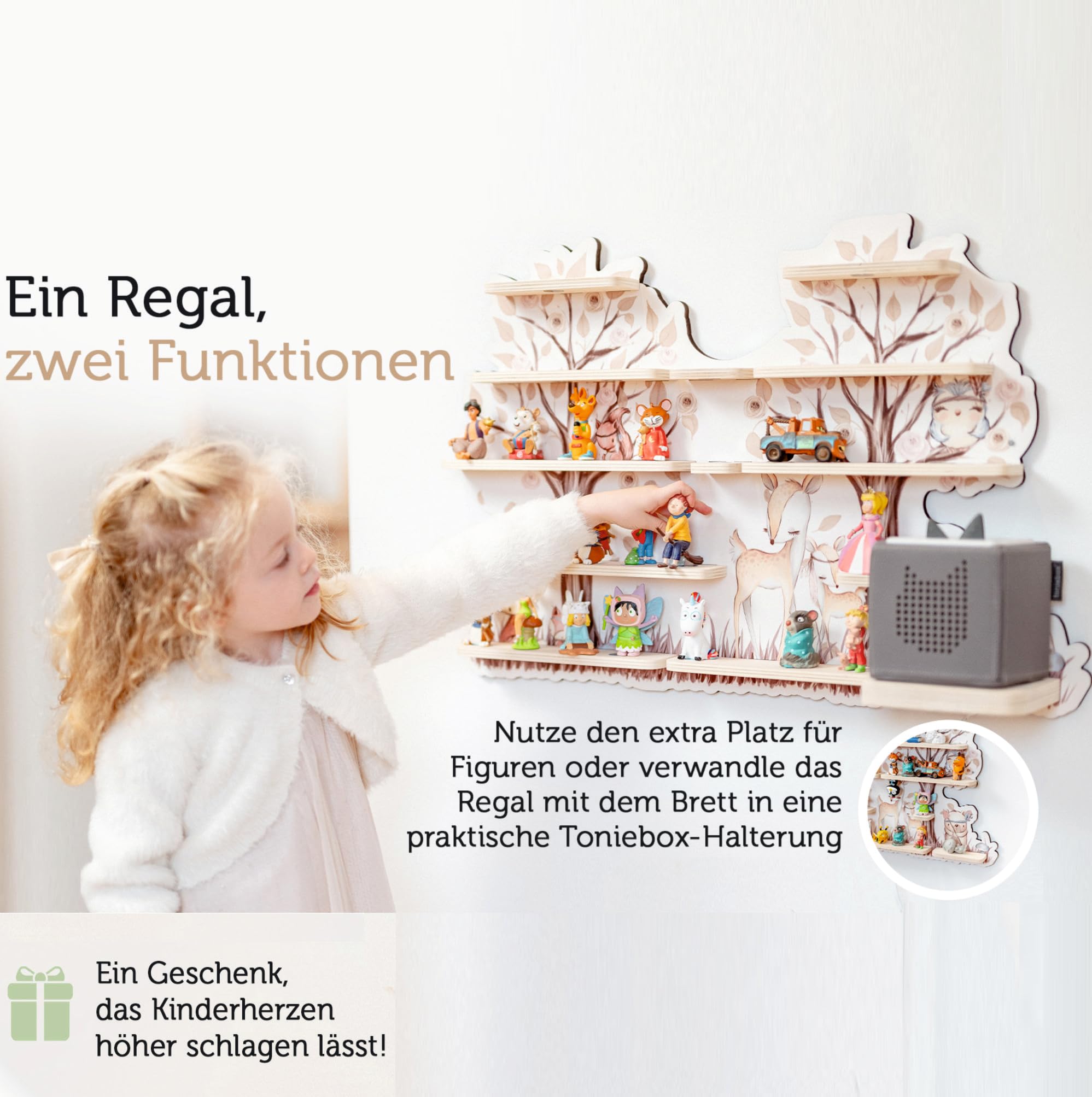 Farbklecks-Collection Musikboxregal Blumenast, Wandregal für bis zu 20 Hörfiguren, Maße 28 x 78 cm, mit speziellem Ablagefach kompatibel mit Toniebox, handgefertigt in Deutschland