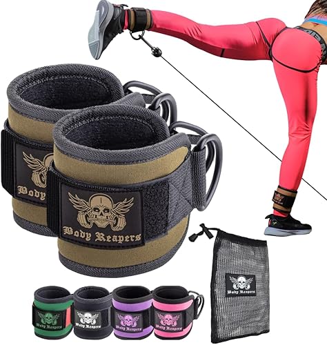 Miniatura 13 de Body Reapers Correa de tobillo de gimnasio para máquina de cable con velcro ajustable, anillos en D dobles duraderos y diseño acolchado