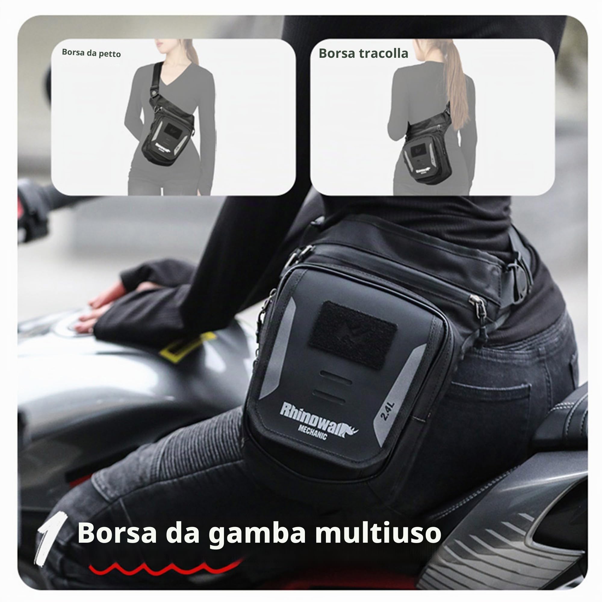 Rhinowalk Borsa da serbatoio per moto da 2,4 l, multifunzionale come tasca sulla gamba, tasca sul petto o borsa a tracolla, con o senza fissaggio magnetico, nero, 2.4 liters