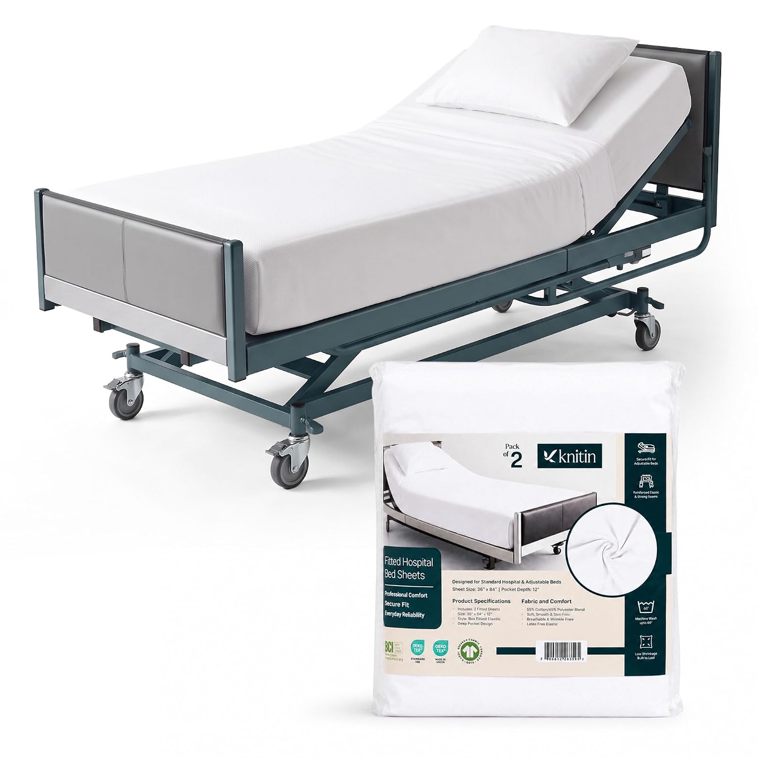 2 Pack Fitted Hospital Bed Sheets 36x84x12 Inch Soft Knitted Jersey Cotton Rich Elastic All Around Deep Pocket White