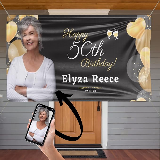Custom Happy Birthday Banner | Personalized Party Backdrop 71x24 Inches, Photo Banner With Your Name & Photo - View #7