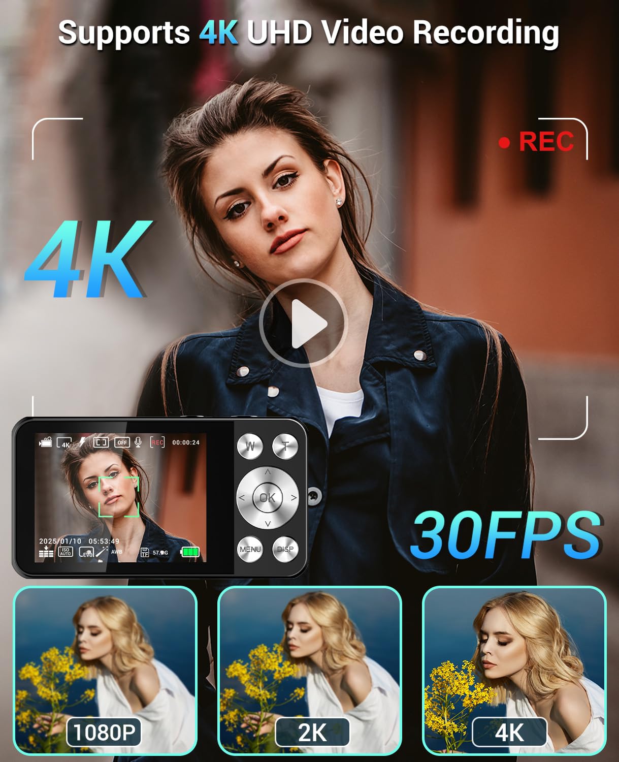 Digitalkamera 4K 64MP, Wevoor Digital Fotokamera 32GB mit Autofokus, 18x Digitalzoom Kamera, 2,8" Bildschirm, 2000mAh Kompaktkamera, Fotoapparat Digitalkamera für Anfänger Kinder Teenager - Schwarz