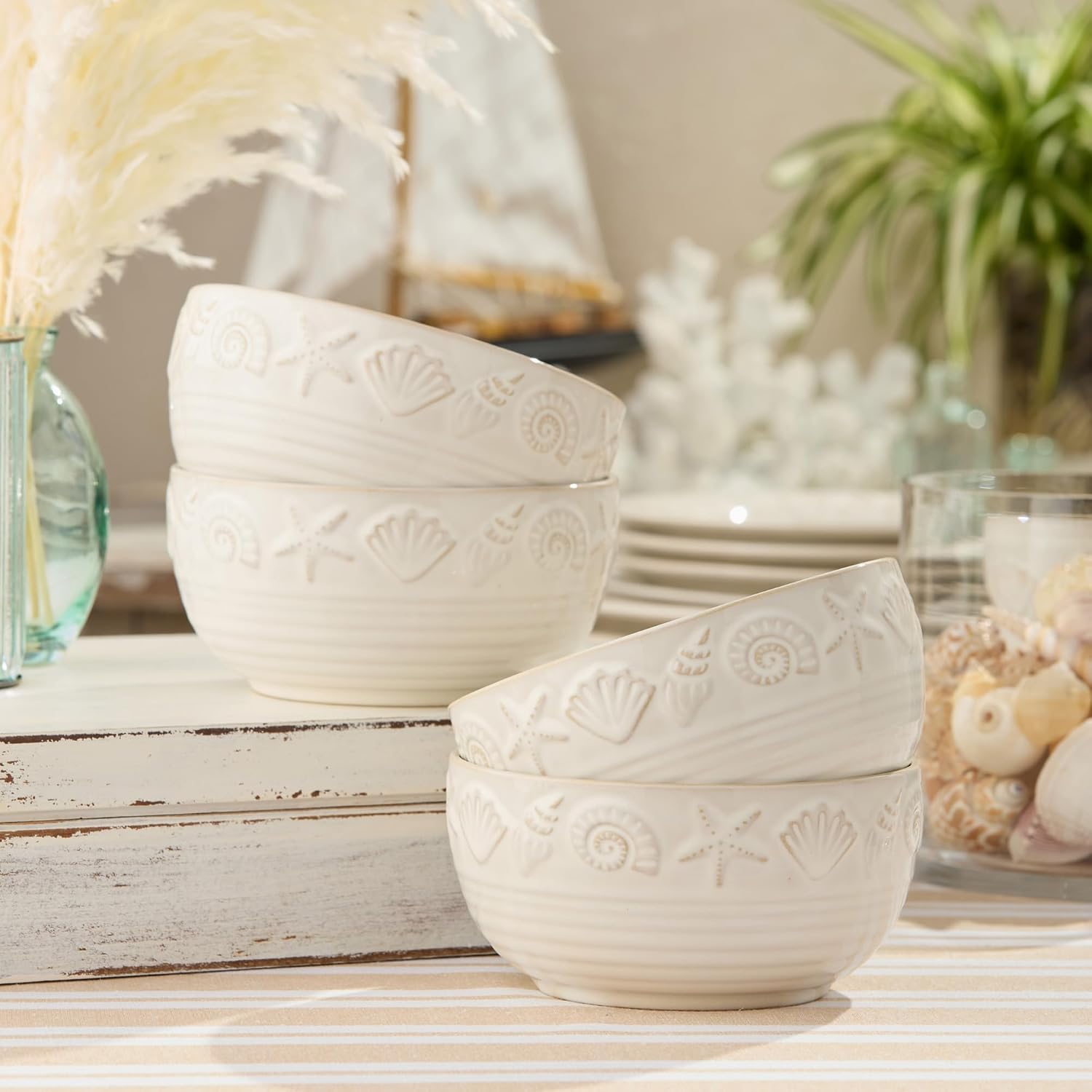 Coastline Cream Stoneware ICE CREAM/DESSERT BOWLS SET of 4, 5.25 x 3 inch embossed coastal shell and starfish bowls with glossy glaze, durable beach house serveware for desserts, snacks
