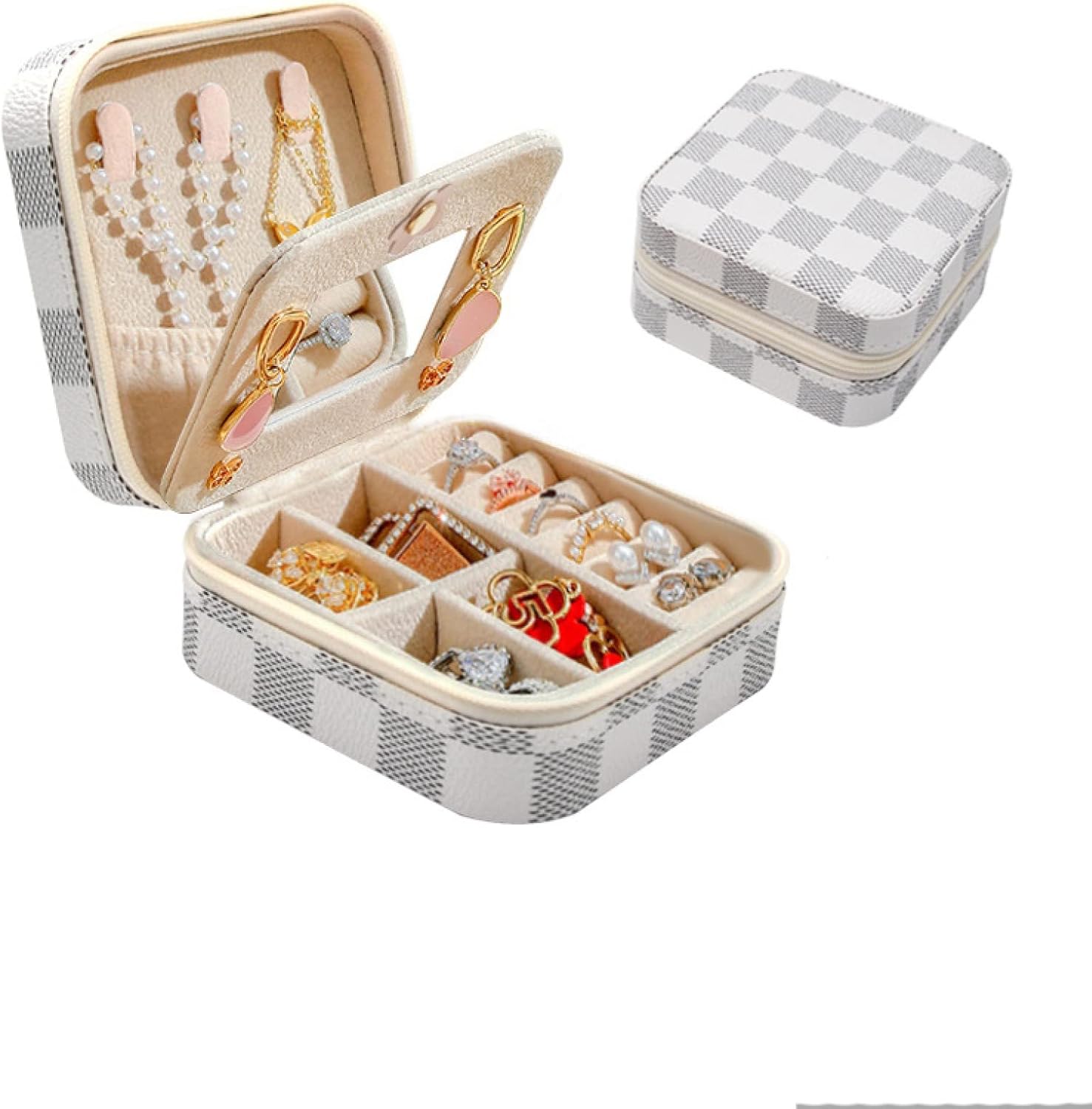 Xinxikeji ジュエリーケース アクセサリーケース 小型 携帯用 大容量 鏡付き かわいい チェック柄 ピアス 指輪置き リング エアリング アクセサリー収納 女性 まとめ買い