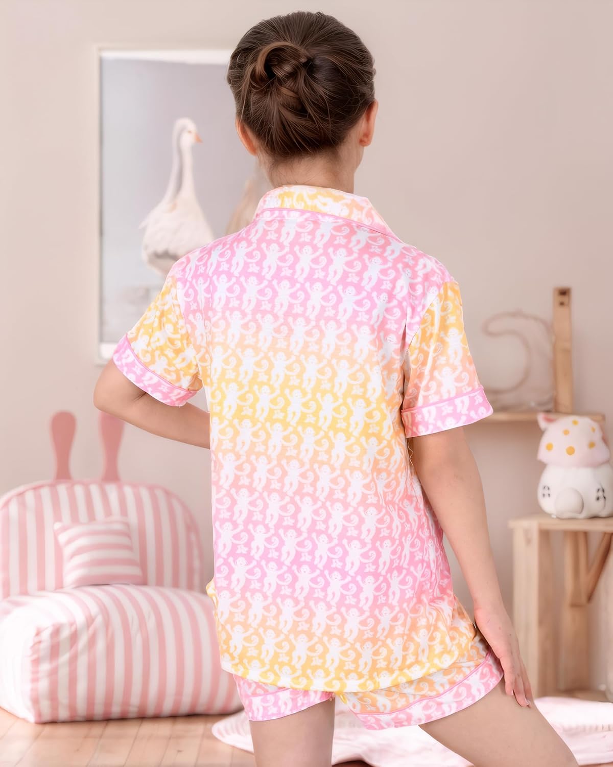 Cute Monkey Pajamas Set for Girls, Kids Summer Button Down Matching Y2k Loungewear PJs Christmas Thanksgiving Gift