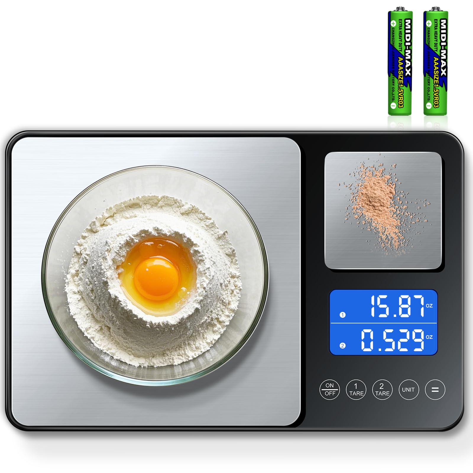 BRICH Balance de cuisine numérique avec double plate-forme – 500 g/0,01 g et 15 kg/1 g de précision, fonction de somme, 7 unités, acier inoxydable et verre, éclairage LCD – Idéal comme échelle